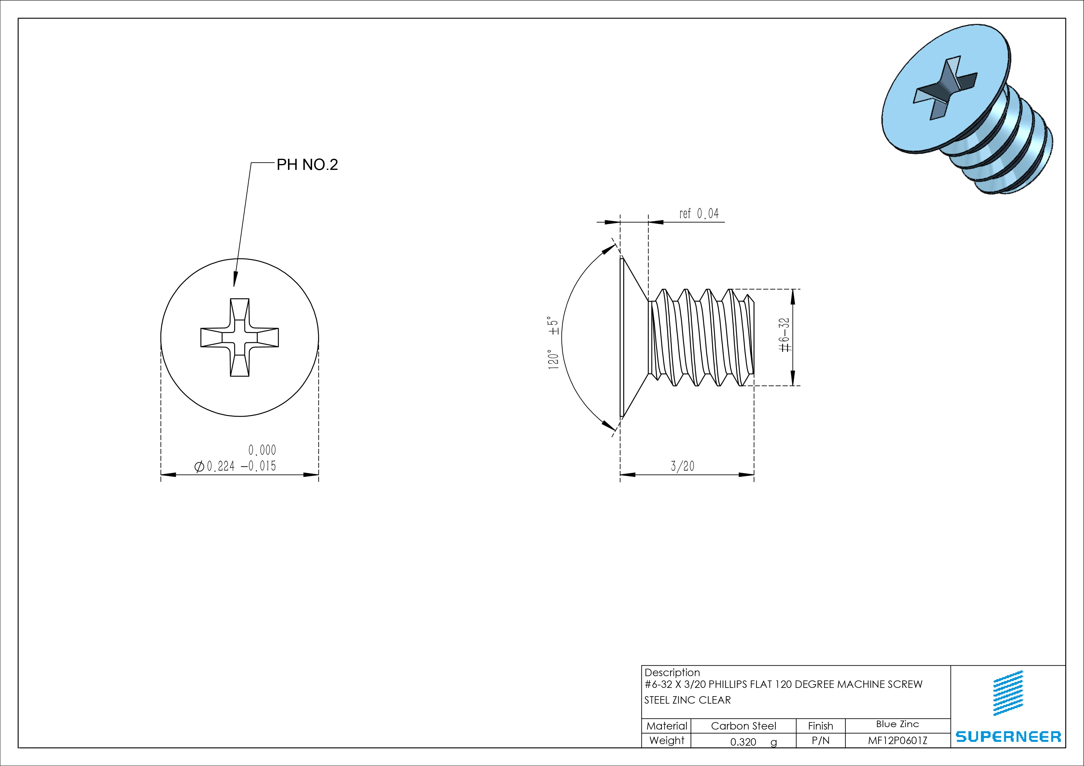 6-32 x  3/20 inch Flat Head 120° Phillips Machine Screw Steel Blue Zinc Plated