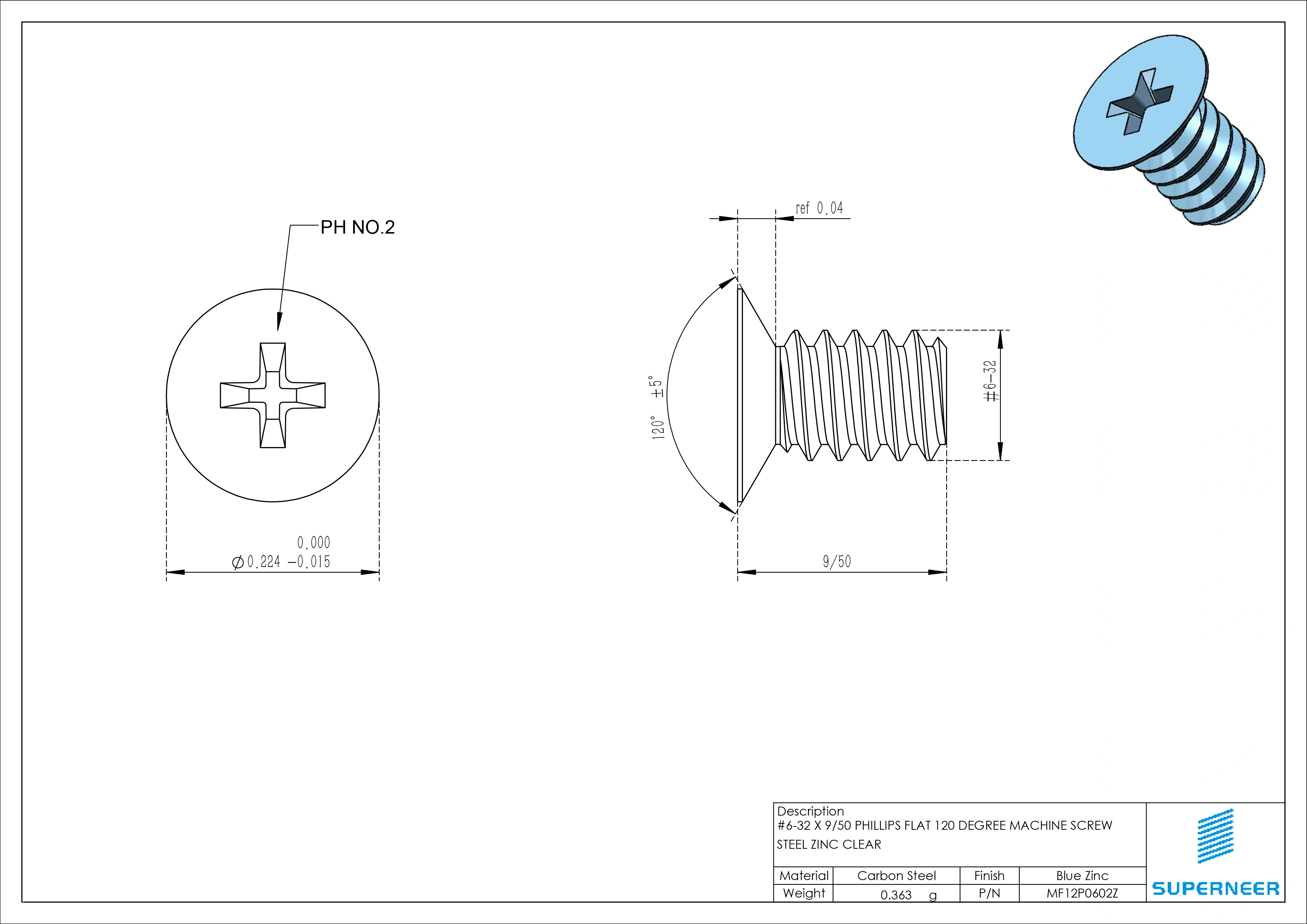 6-32 x  9/50 inch Flat Head 120° Phillips Machine Screw Steel Blue Zinc Plated