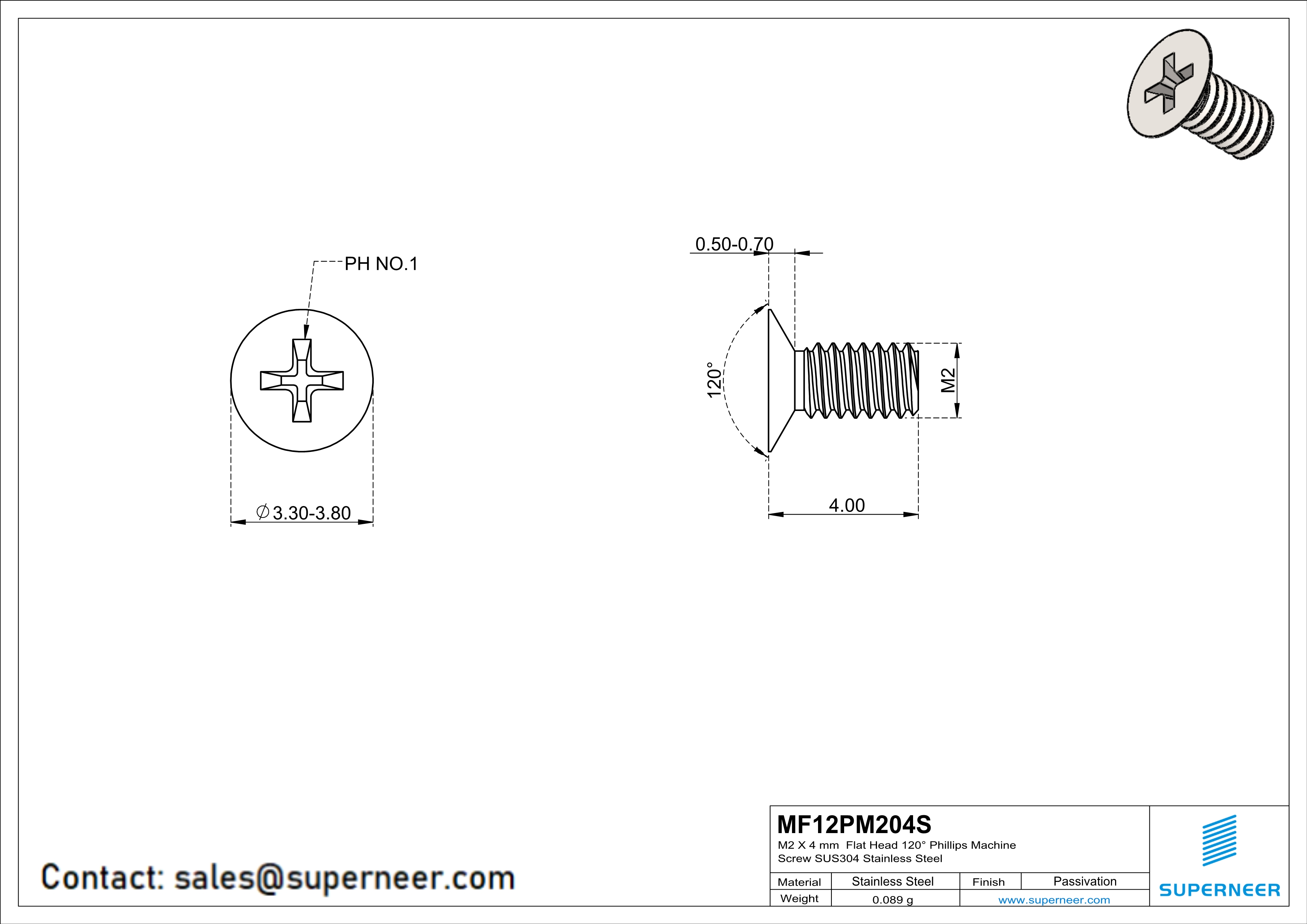 M2 x 4 mm  Flat Head 120° Phillips Machine Screw SUS304 Stainless Steel Inox