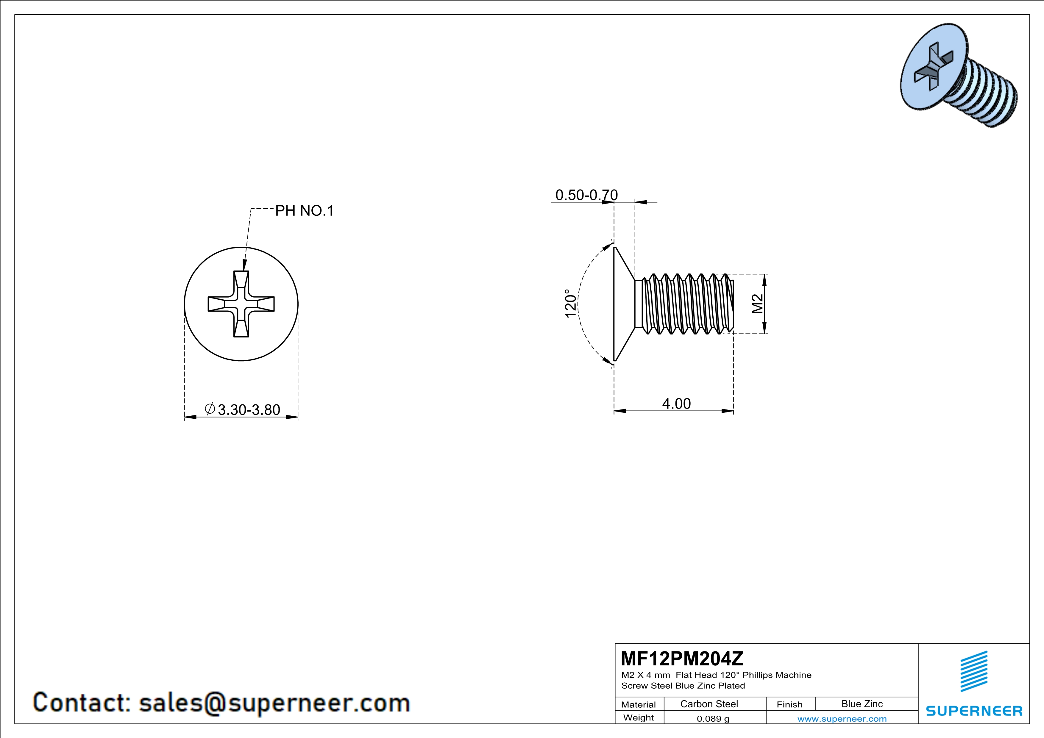 M2 x 4 mm Flat Head 120° Phillips Machine Screw Steel Blue Zinc Plated