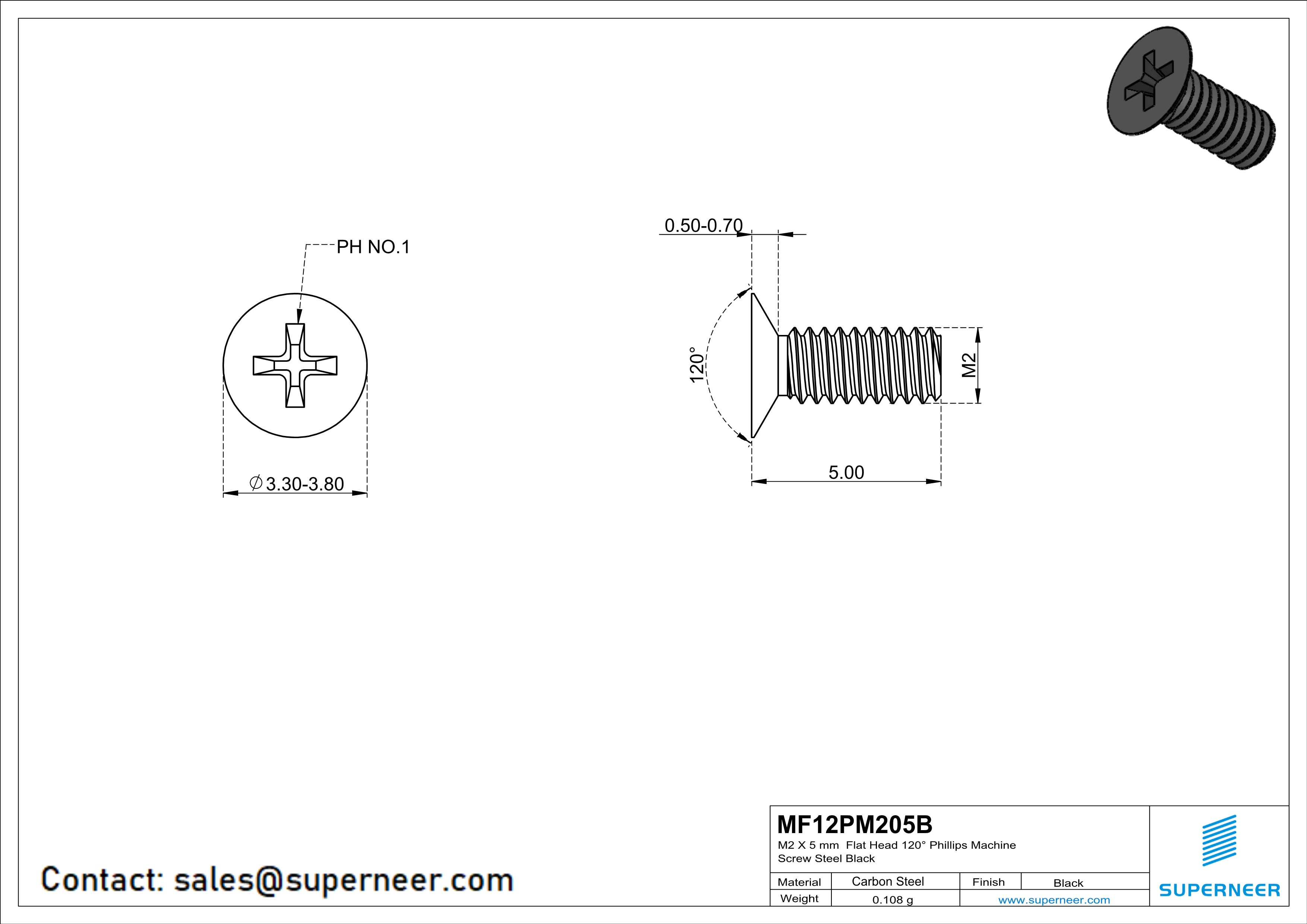 M2 x 5 mm Flat Head 120° Phillips Machine Screw Steel Black