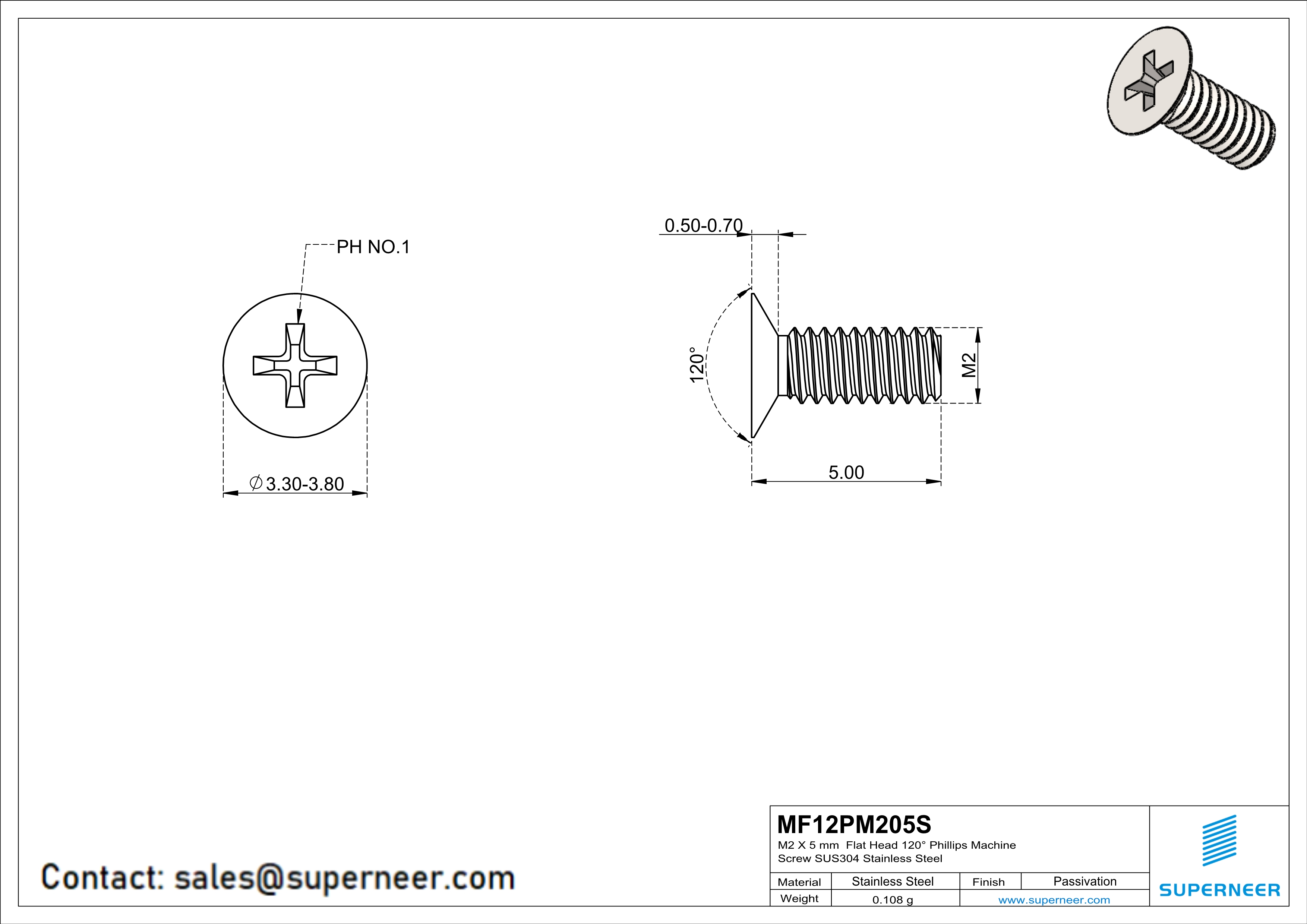 M2 x 5 mm  Flat Head 120° Phillips Machine Screw SUS304 Stainless Steel Inox