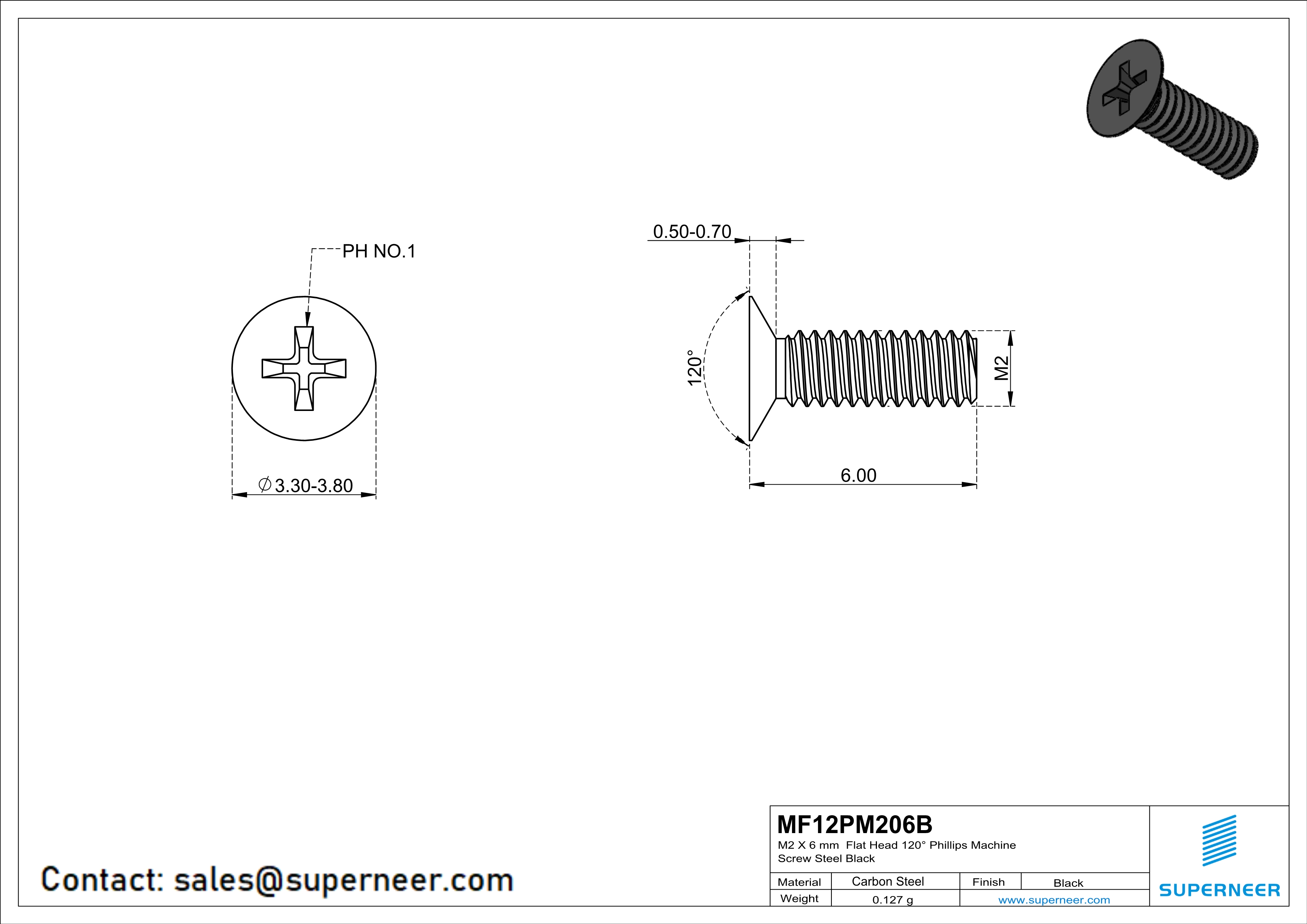 M2 x 6 mm Flat Head 120° Phillips Machine Screw Steel Black