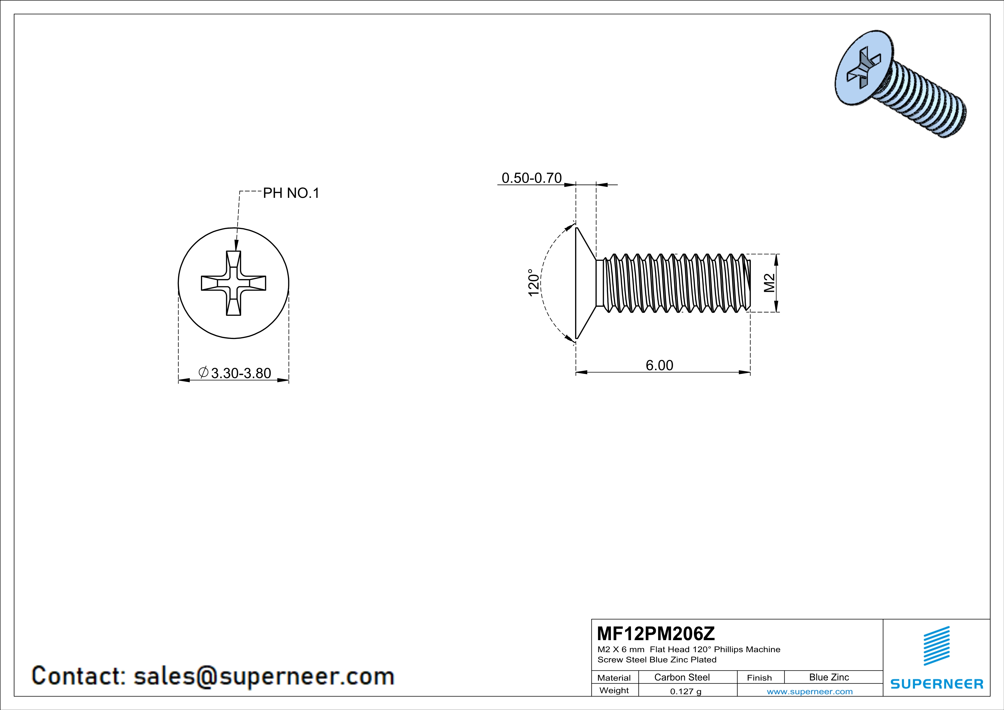 M2 x 6 mm Flat Head 120° Phillips Machine Screw Steel Blue Zinc Plated