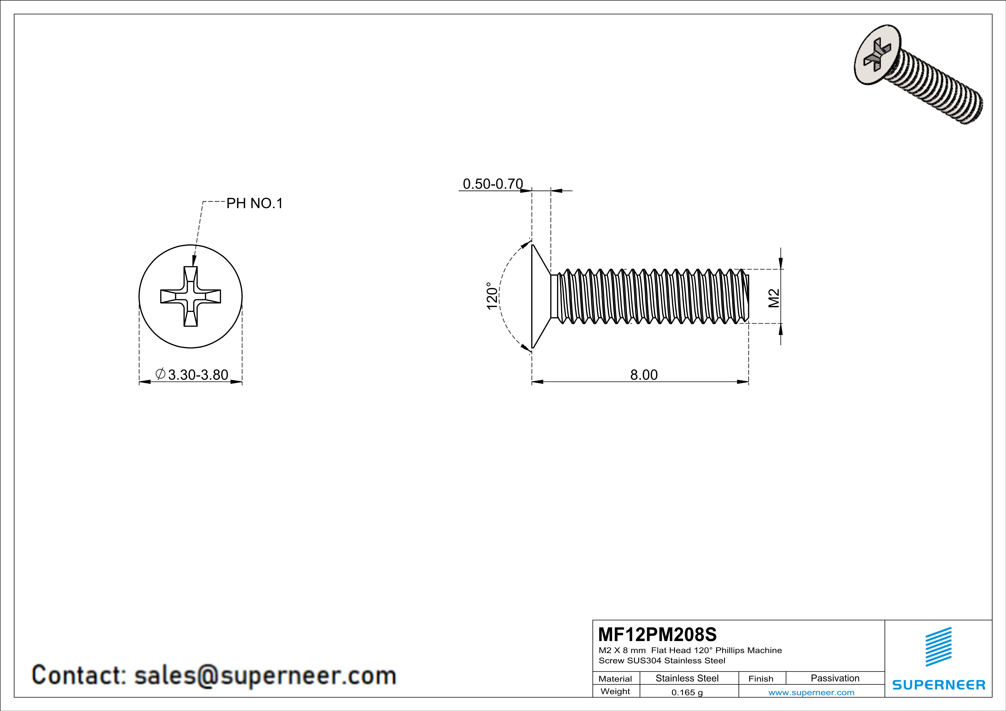 M2 x 8 mm  Flat Head 120° Phillips Machine Screw SUS304 Stainless Steel Inox