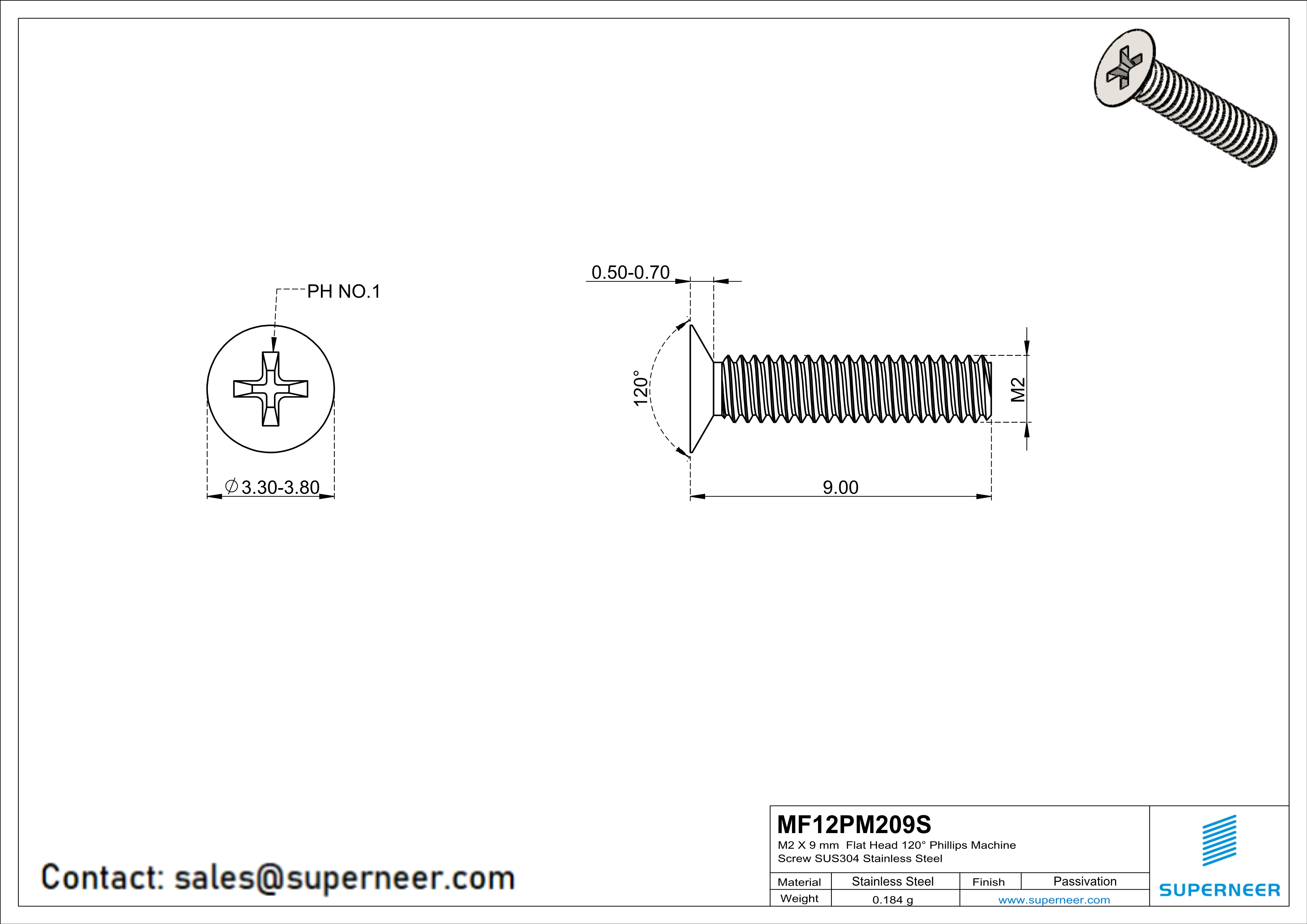 M2 x 9 mm  Flat Head 120° Phillips Machine Screw SUS304 Stainless Steel Inox