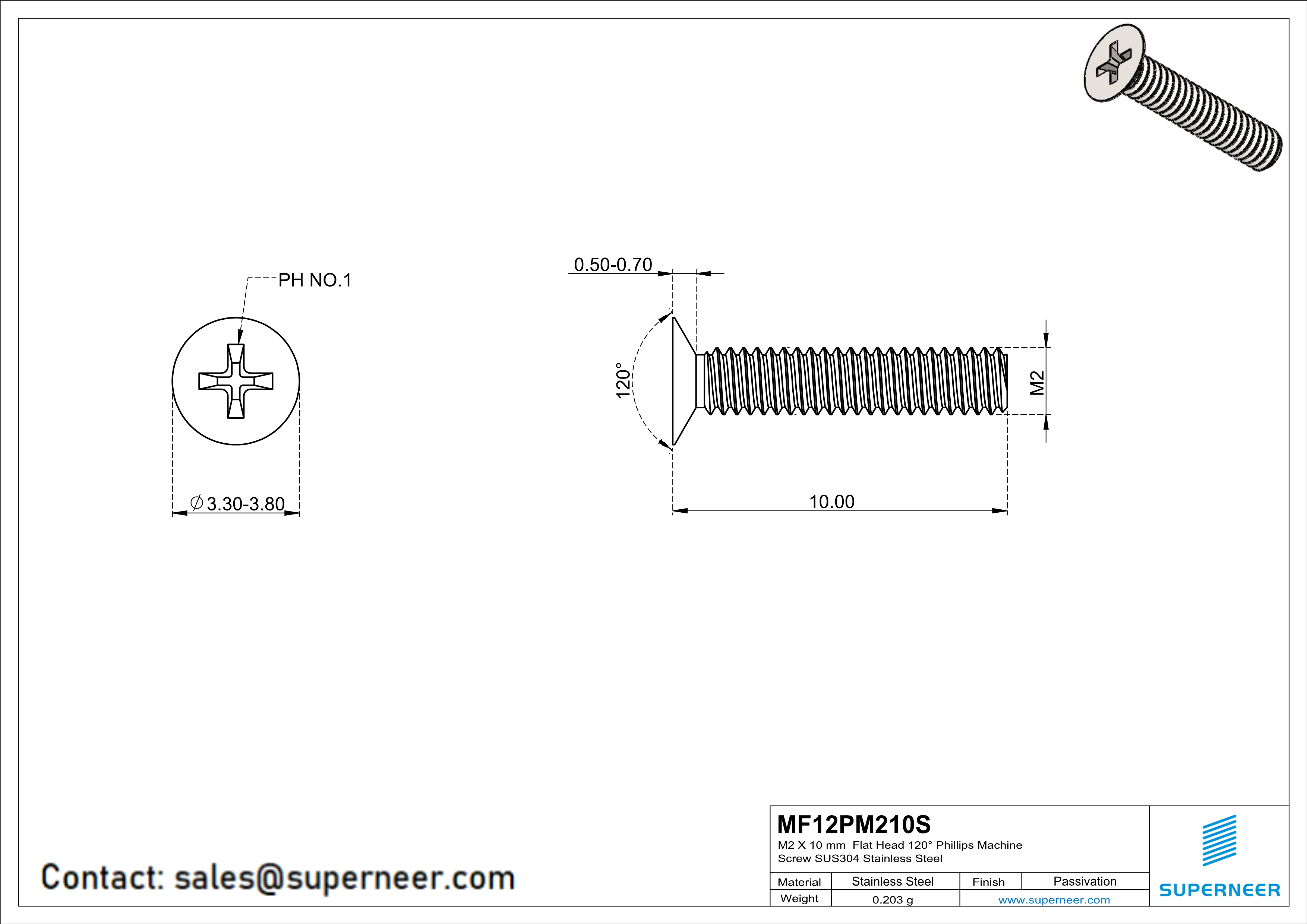 M2 x 10 mm  Flat Head 120° Phillips Machine Screw SUS304 Stainless Steel Inox