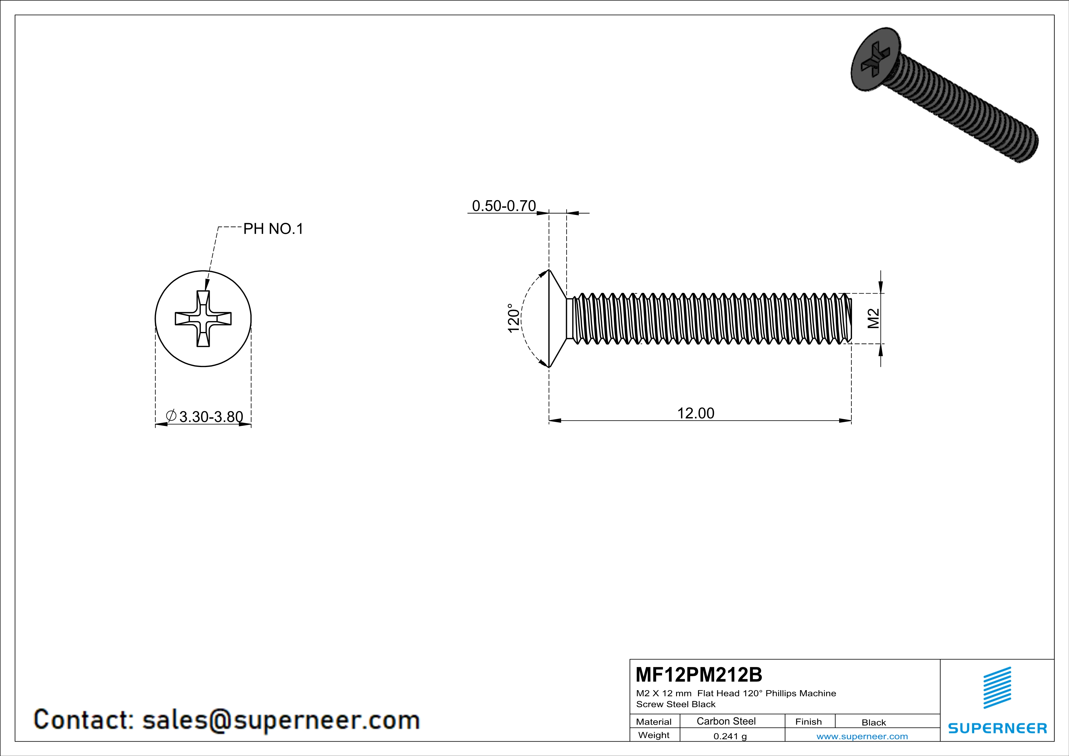 M2 x 12 mm Flat Head 120° Phillips Machine Screw Steel Black