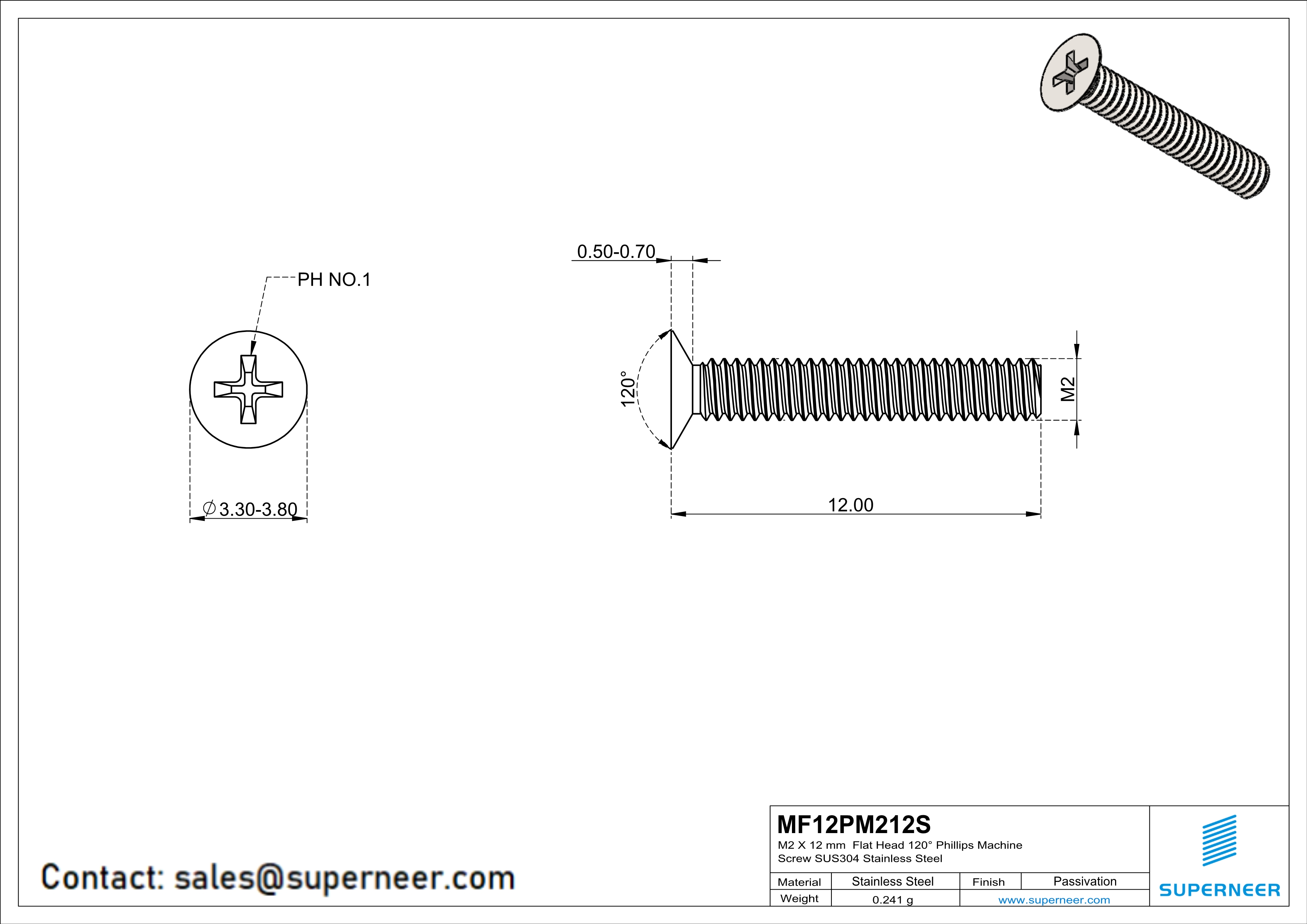 M2 x 12 mm  Flat Head 120° Phillips Machine Screw SUS304 Stainless Steel Inox