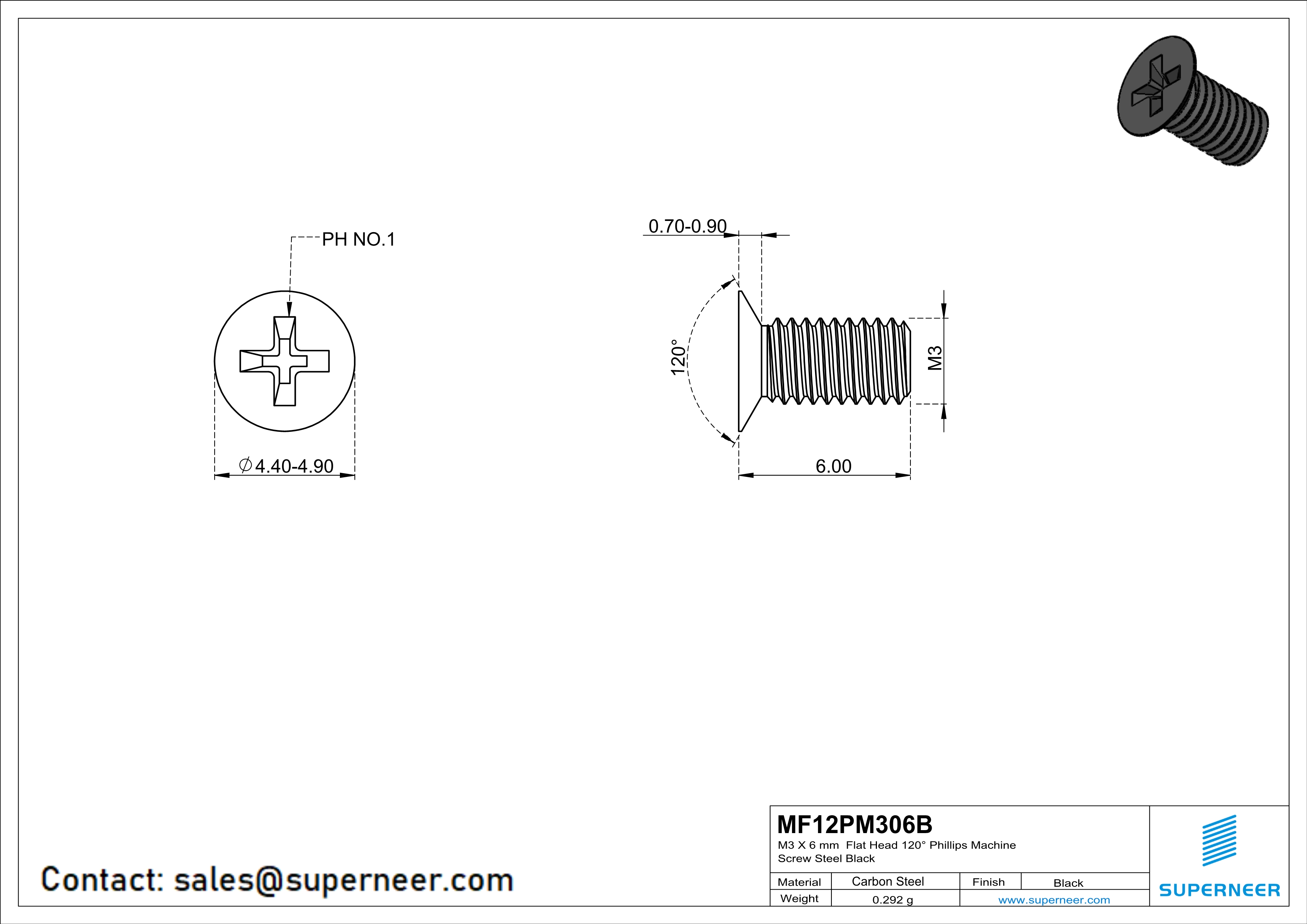 M3 x 6 mm Flat Head 120° Phillips Machine Screw Steel Black