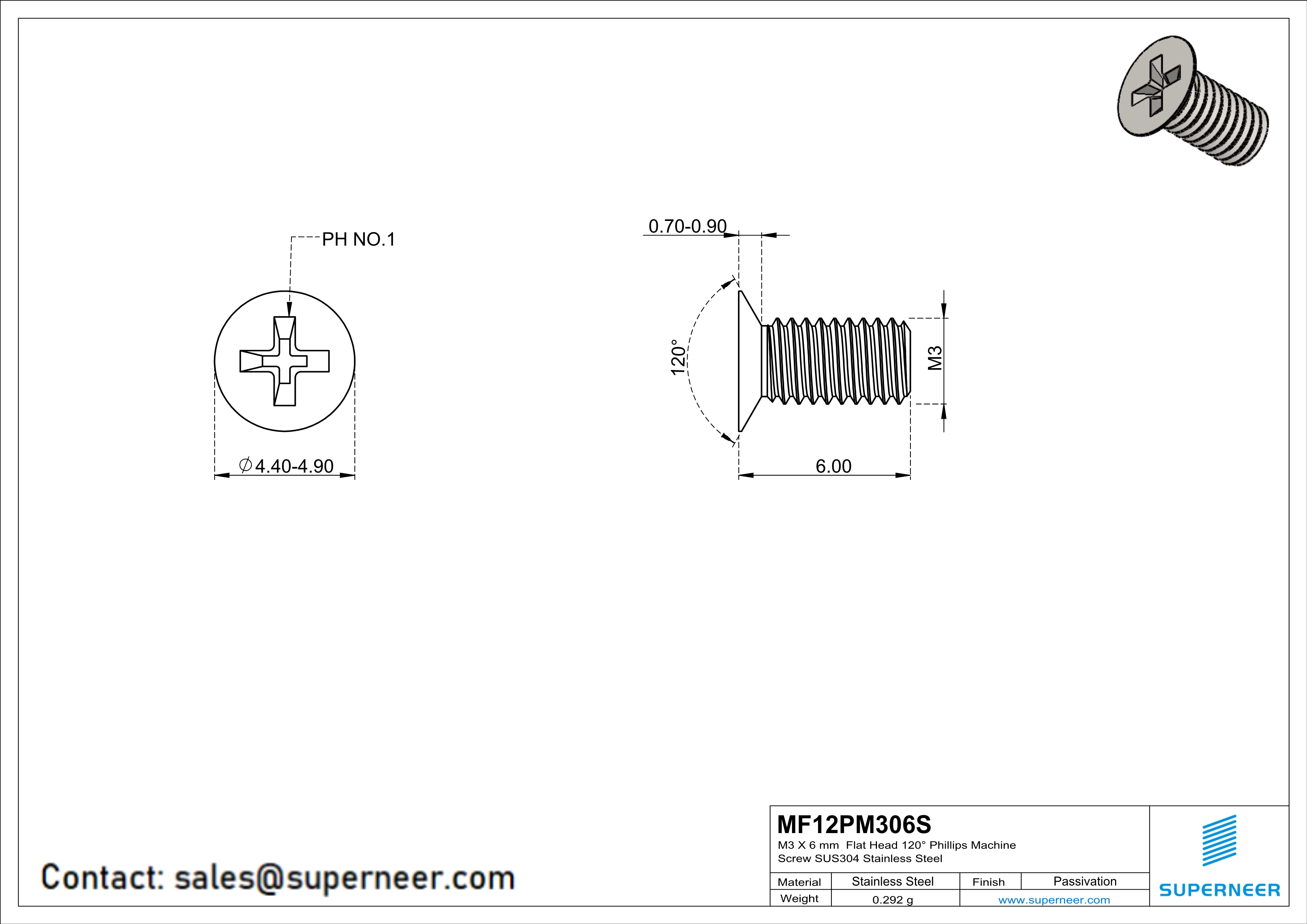 M3 x 6 mm  Flat Head 120° Phillips Machine Screw SUS304 Stainless Steel Inox