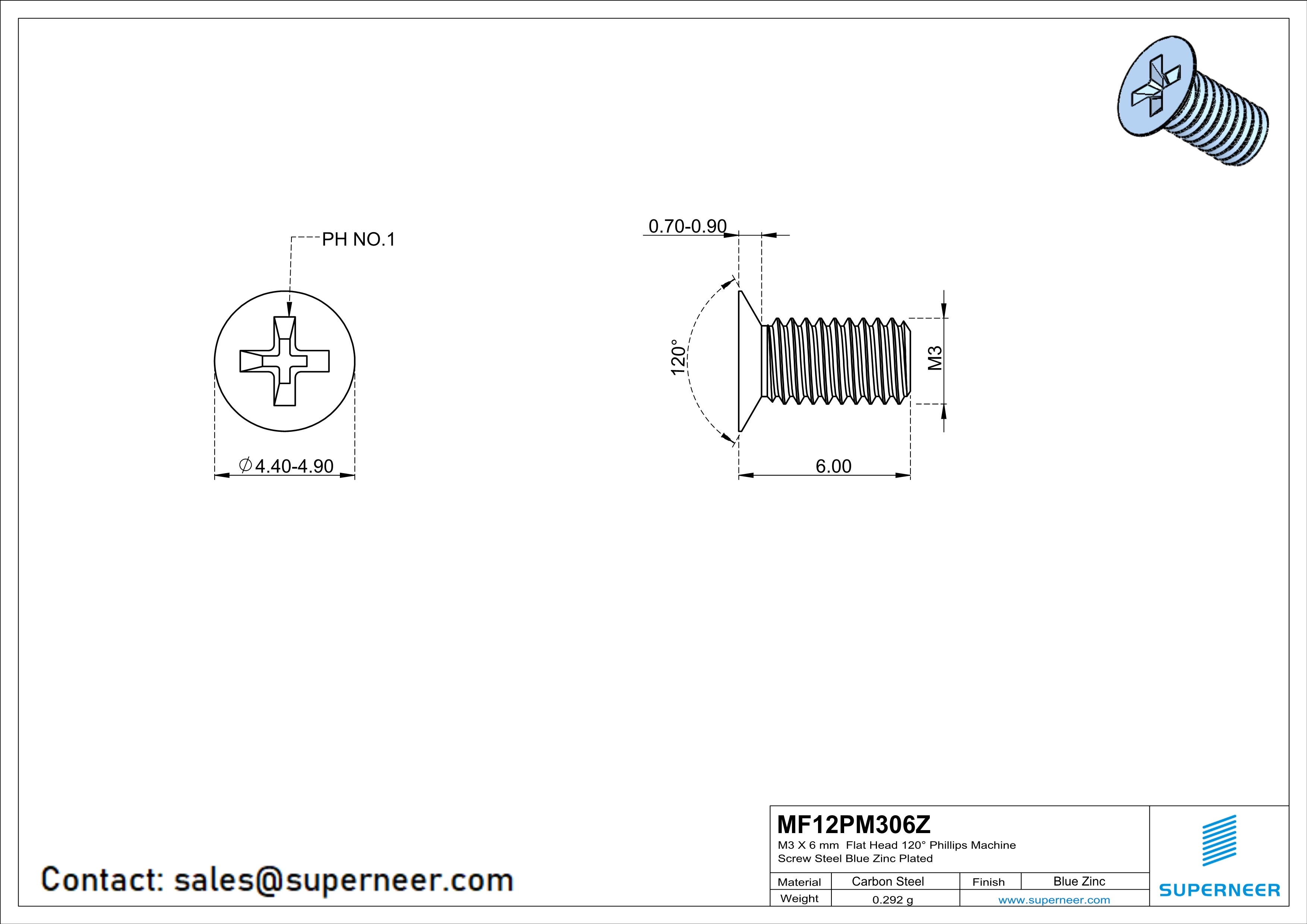 M3 x 6 mm Flat Head 120° Phillips Machine Screw Steel Blue Zinc Plated