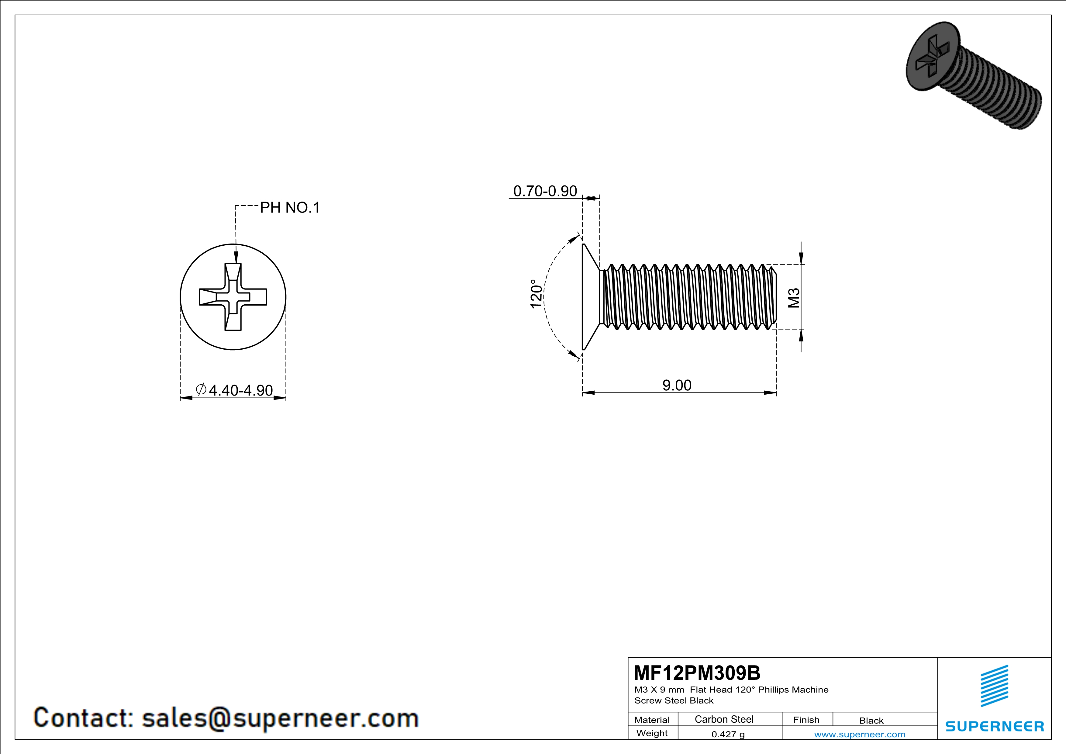 M3 x 9 mm Flat Head 120° Phillips Machine Screw Steel Black