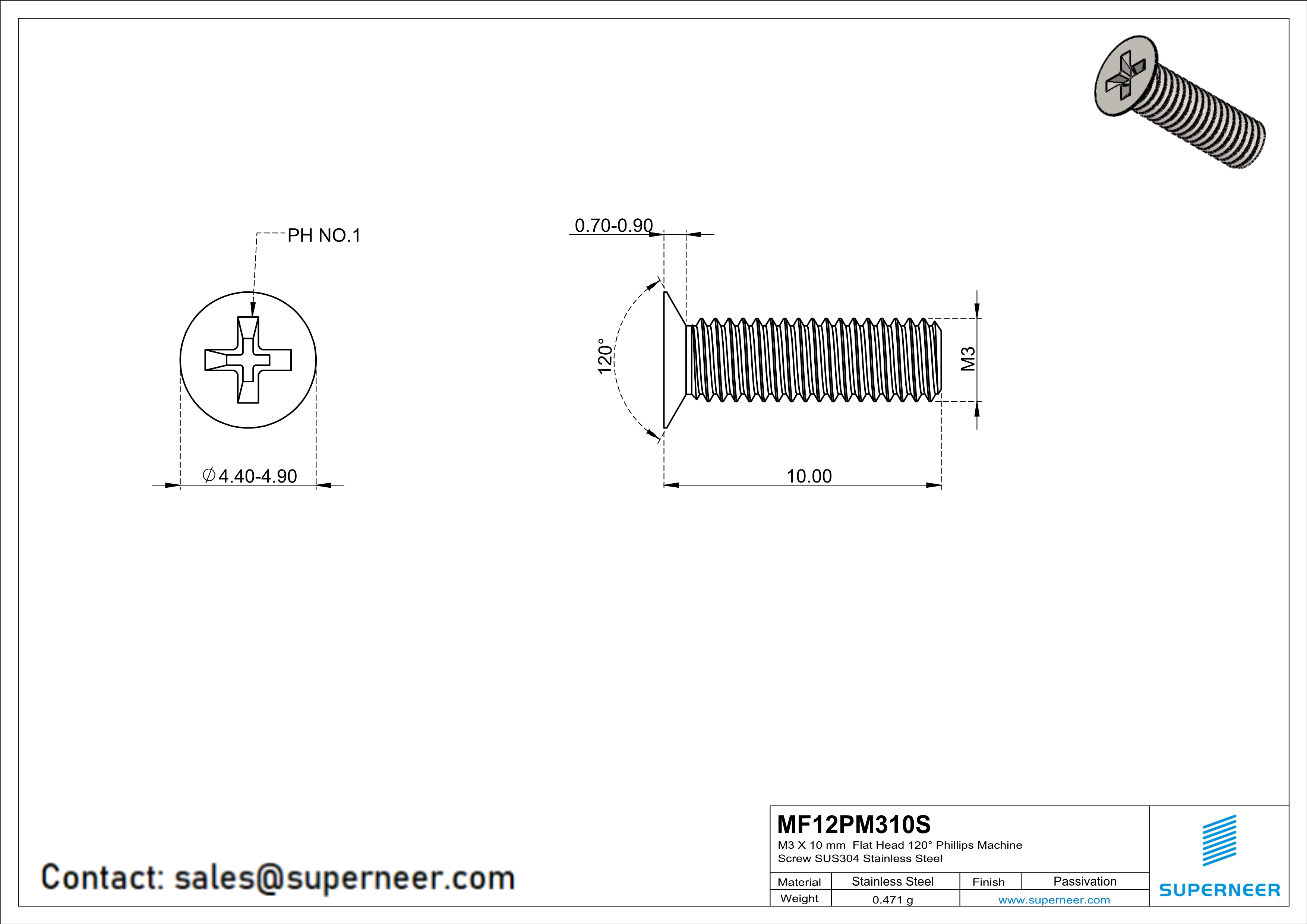 M3 x 10 mm  Flat Head 120° Phillips Machine Screw SUS304 Stainless Steel Inox