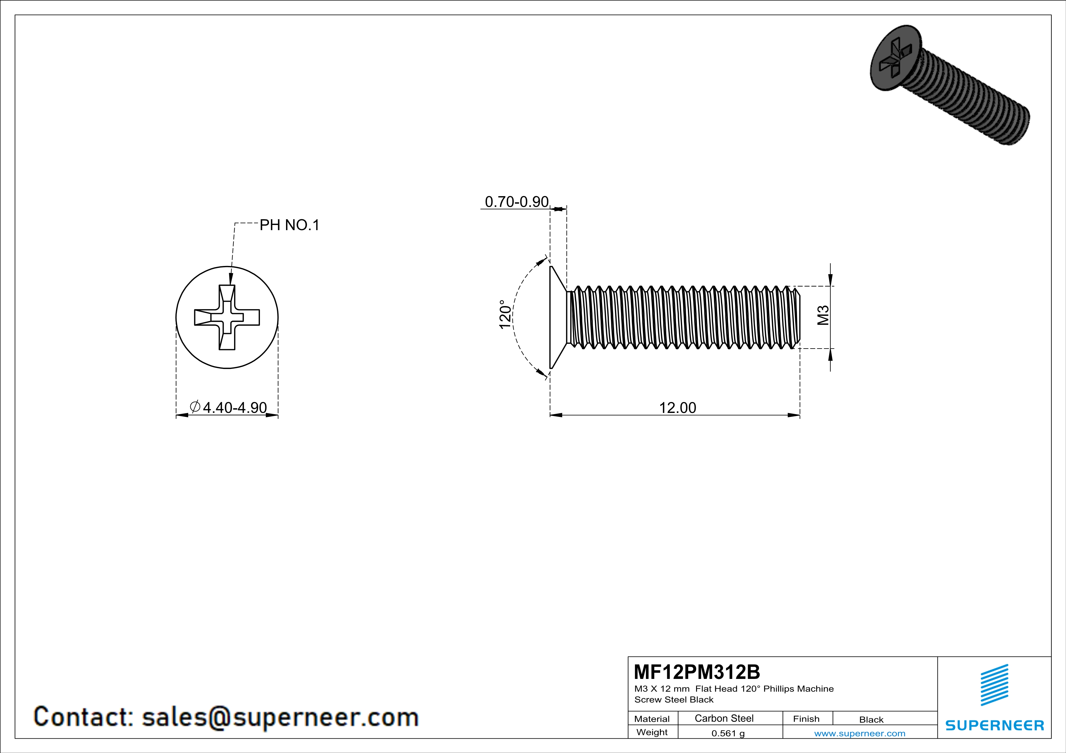 M3 x 12 mm Flat Head 120° Phillips Machine Screw Steel Black