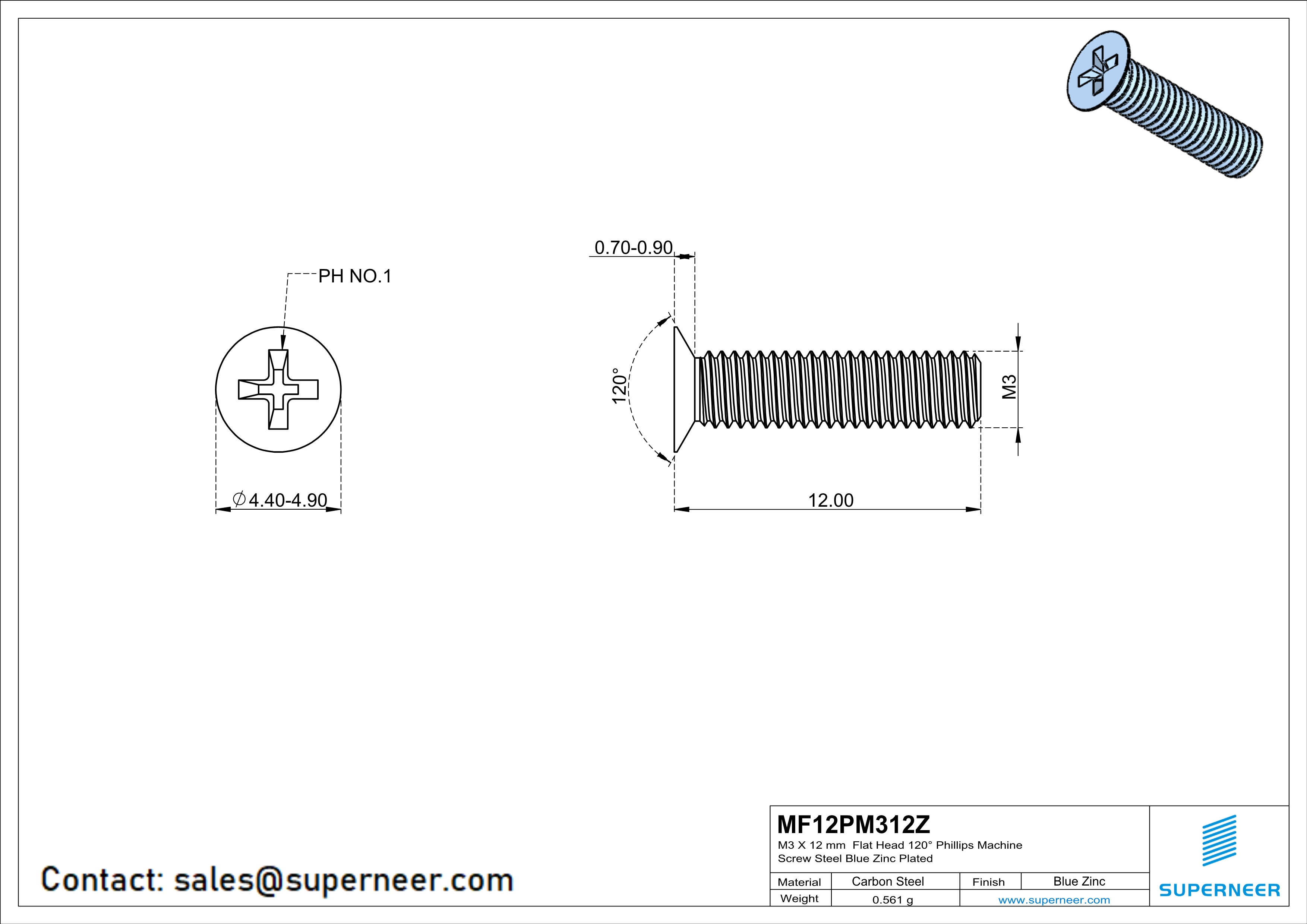 M3 x 12 mm Flat Head 120° Phillips Machine Screw Steel Blue Zinc Plated