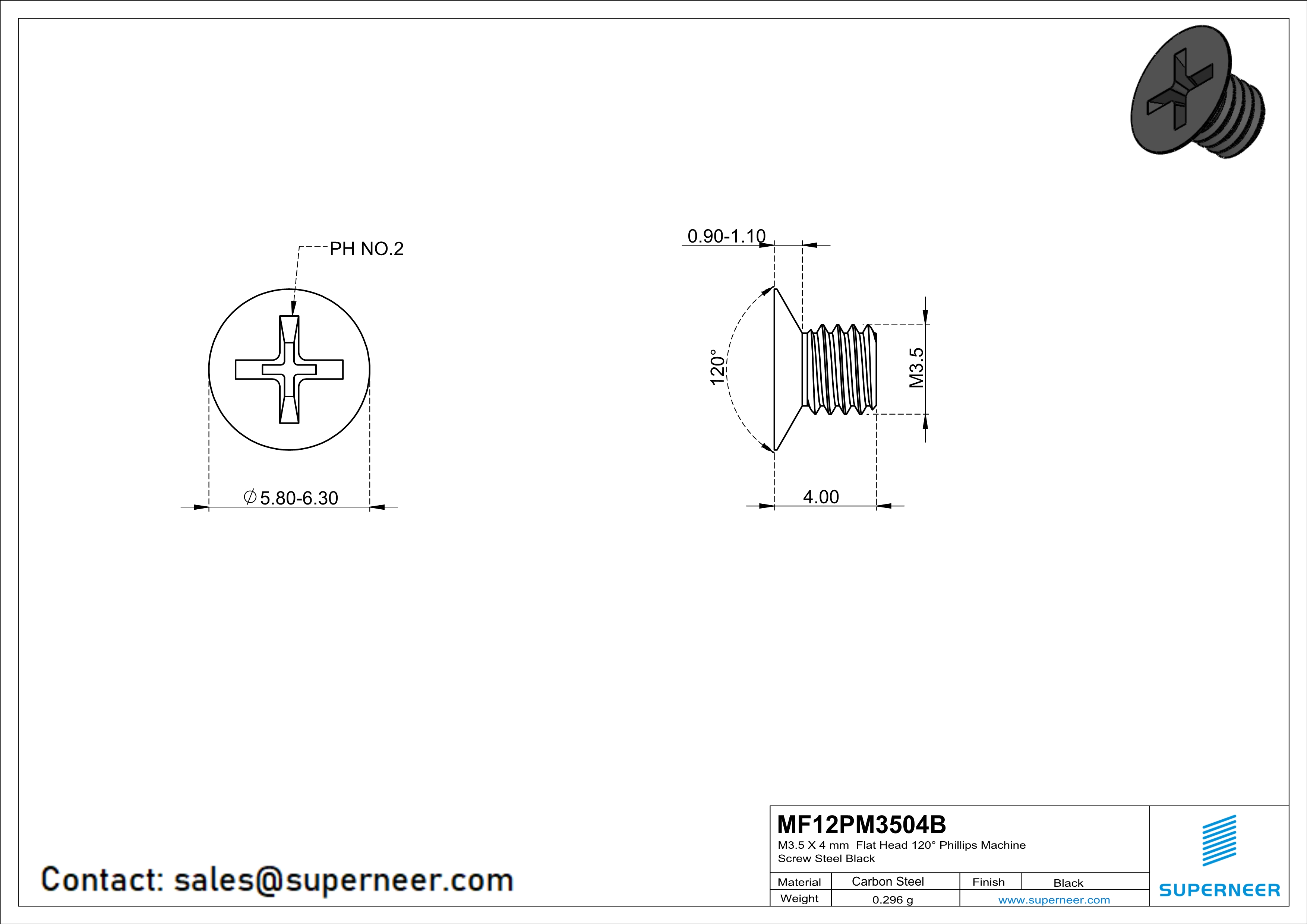 M3.5 x 4 mm Flat Head 120° Phillips Machine Screw Steel Black