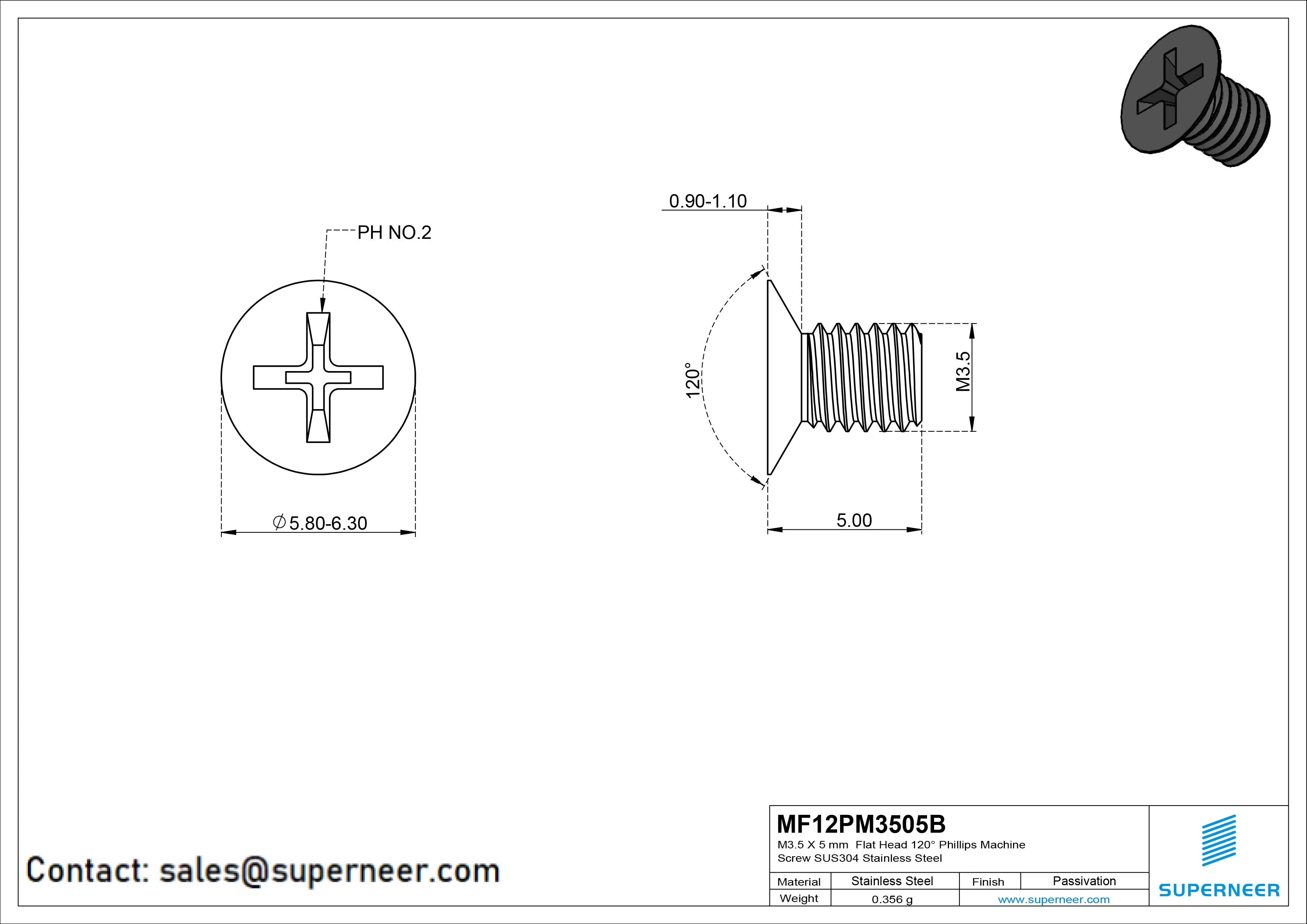 M3.5 x 5 mm Flat Head 120° Phillips Machine Screw Steel Black