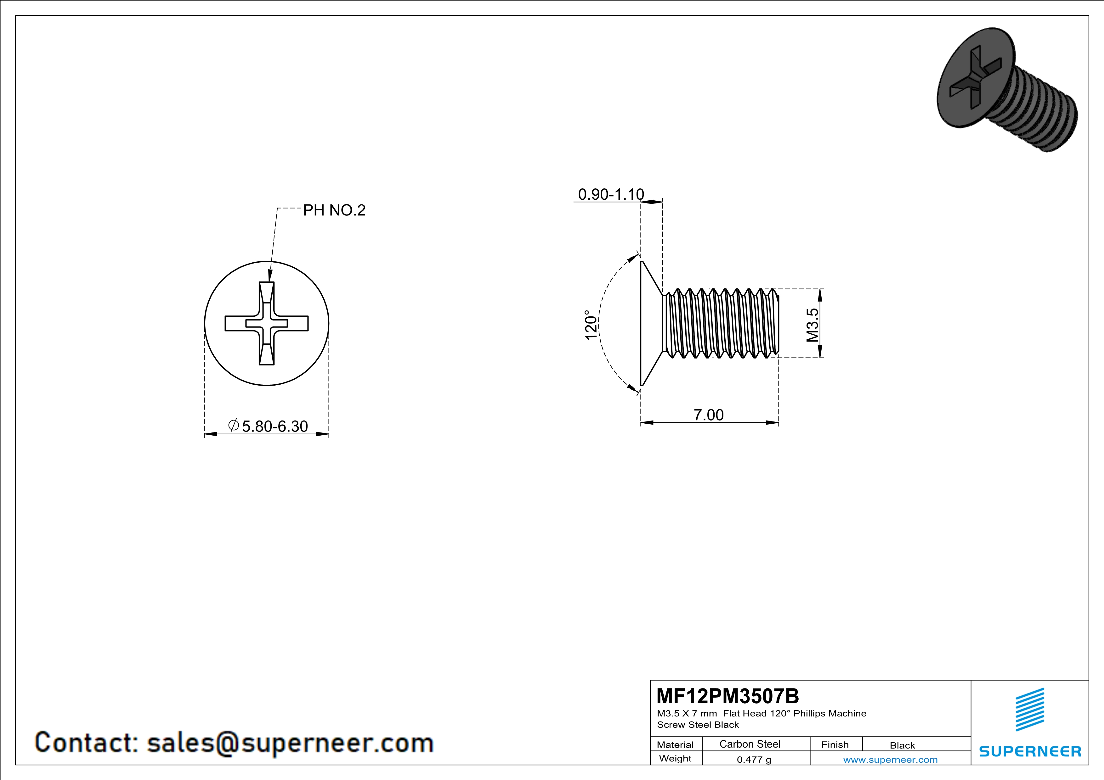 M3.5 x 7 mm Flat Head 120° Phillips Machine Screw Steel Black