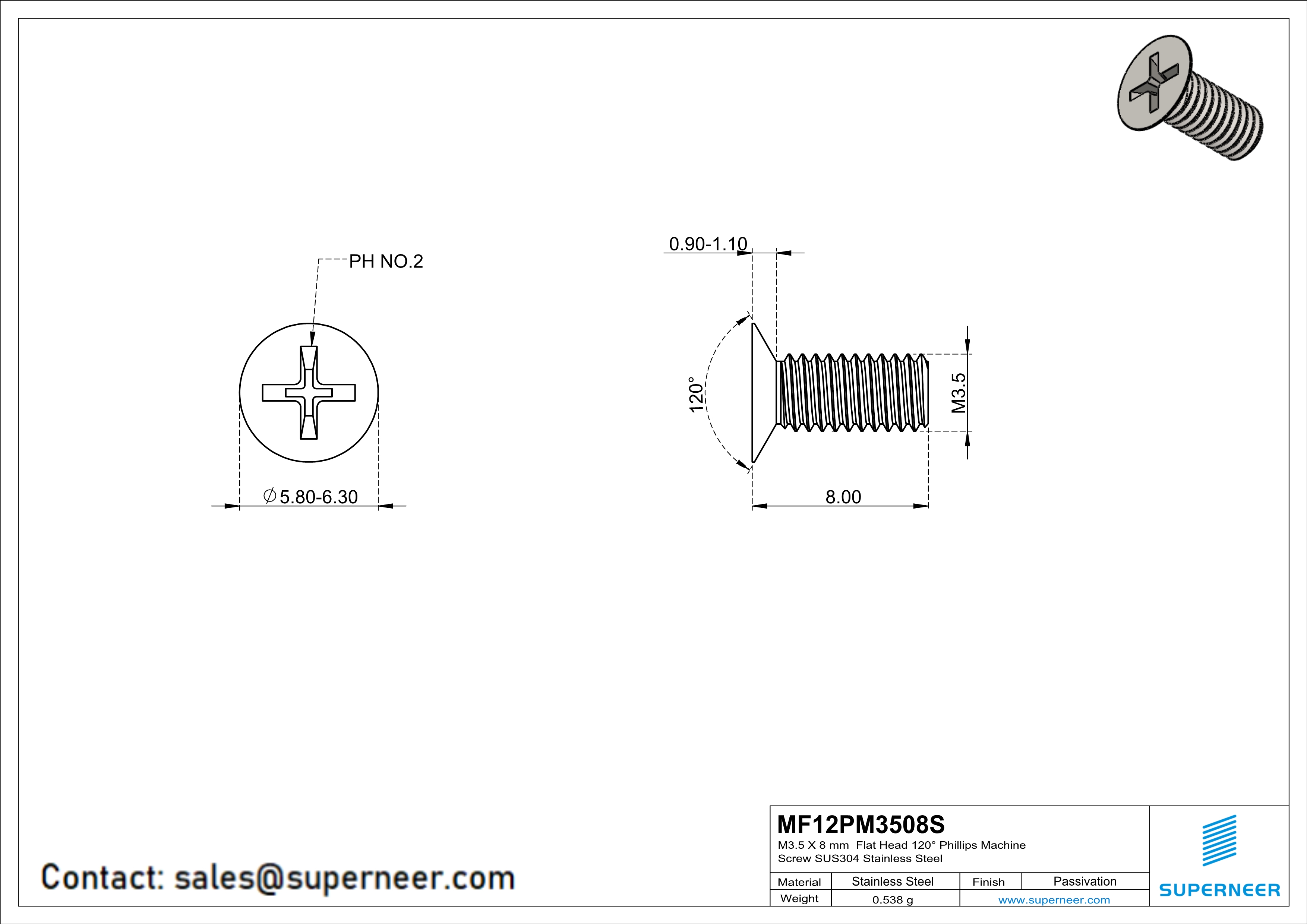 M3.5 x 8 mm  Flat Head 120° Phillips Machine Screw SUS304 Stainless Steel Inox