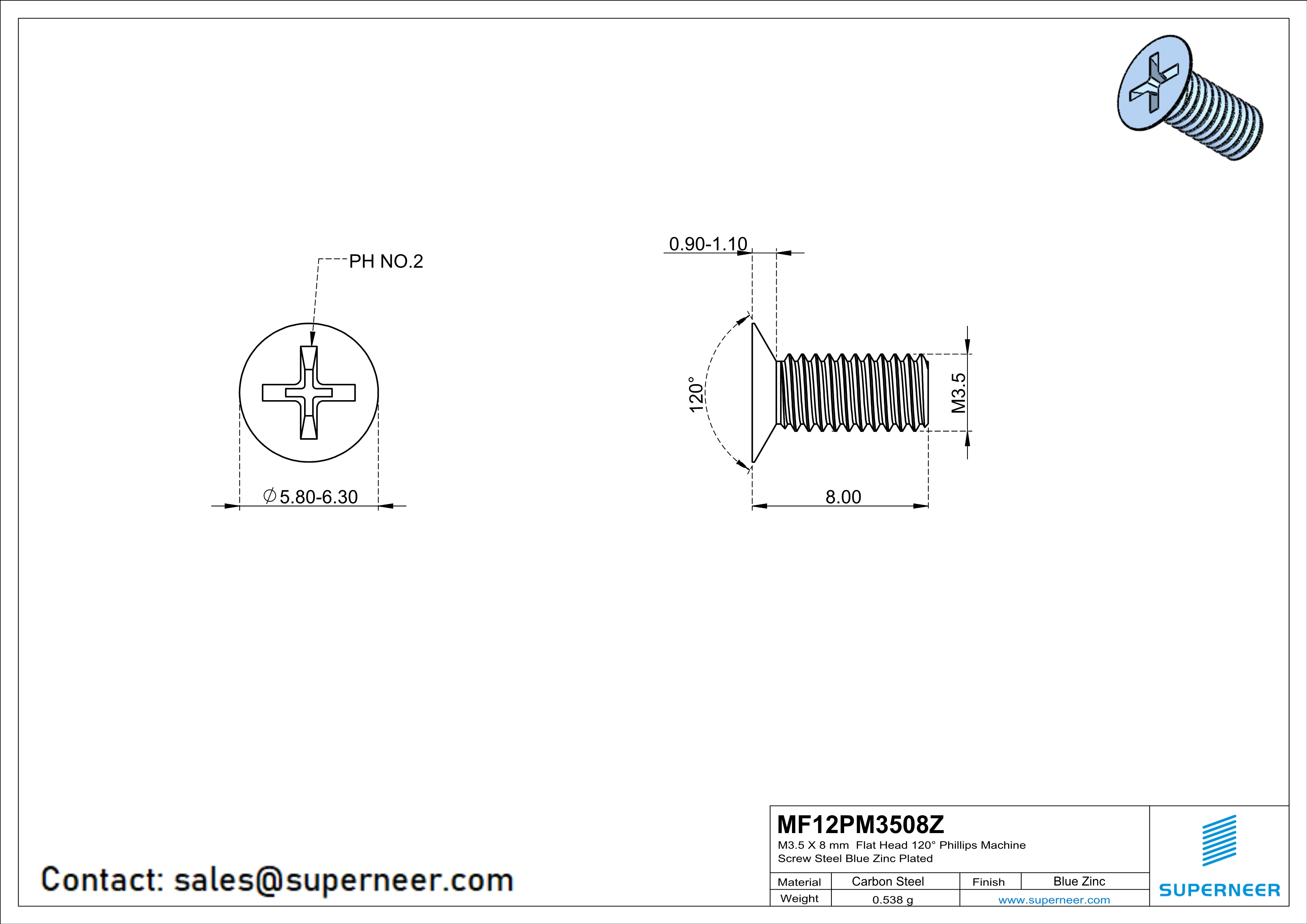 M3.5 x 8 mm Flat Head 120° Phillips Machine Screw Steel Blue Zinc Plated