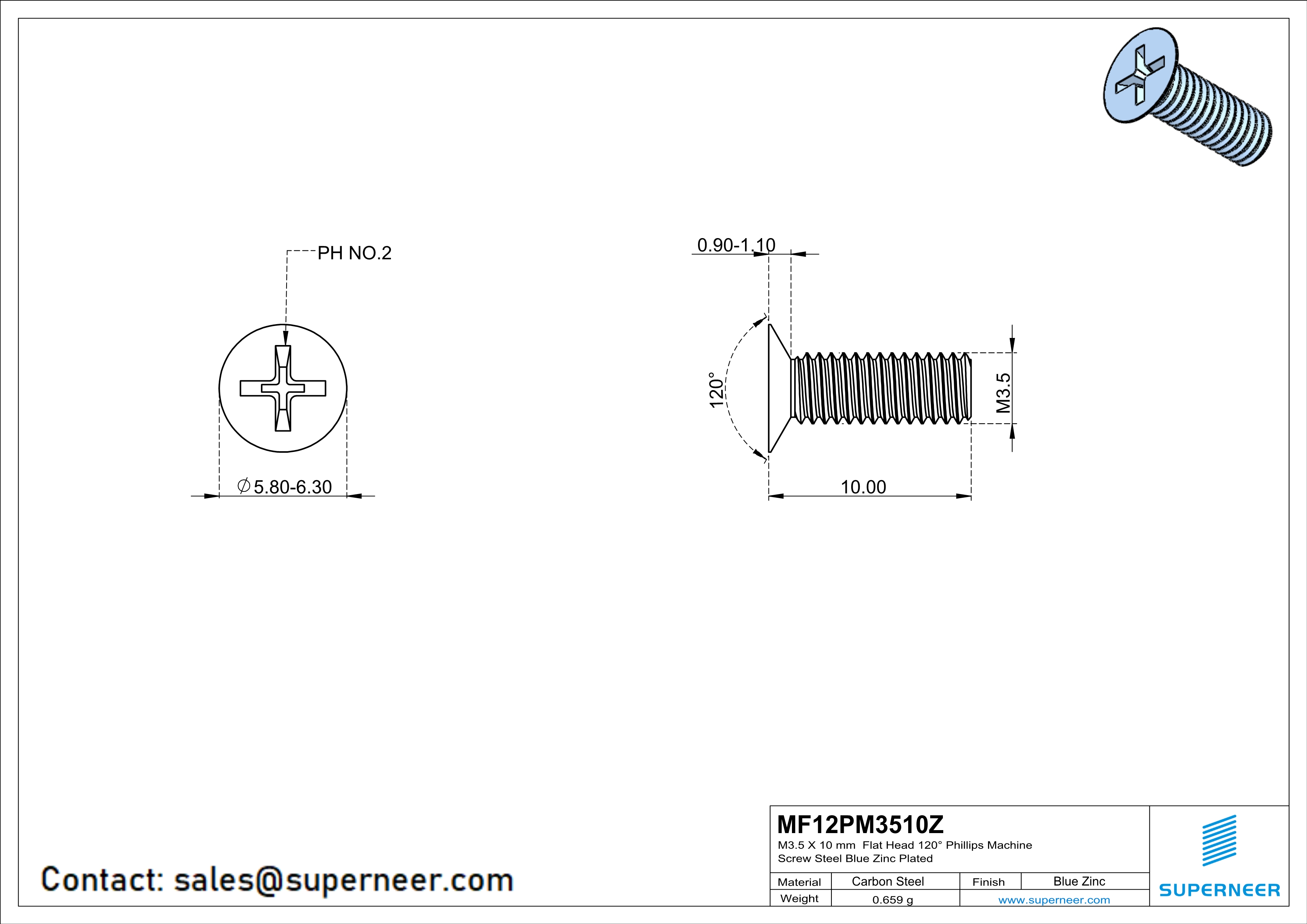 M3.5 x 10 mm Flat Head 120° Phillips Machine Screw Steel Blue Zinc Plated