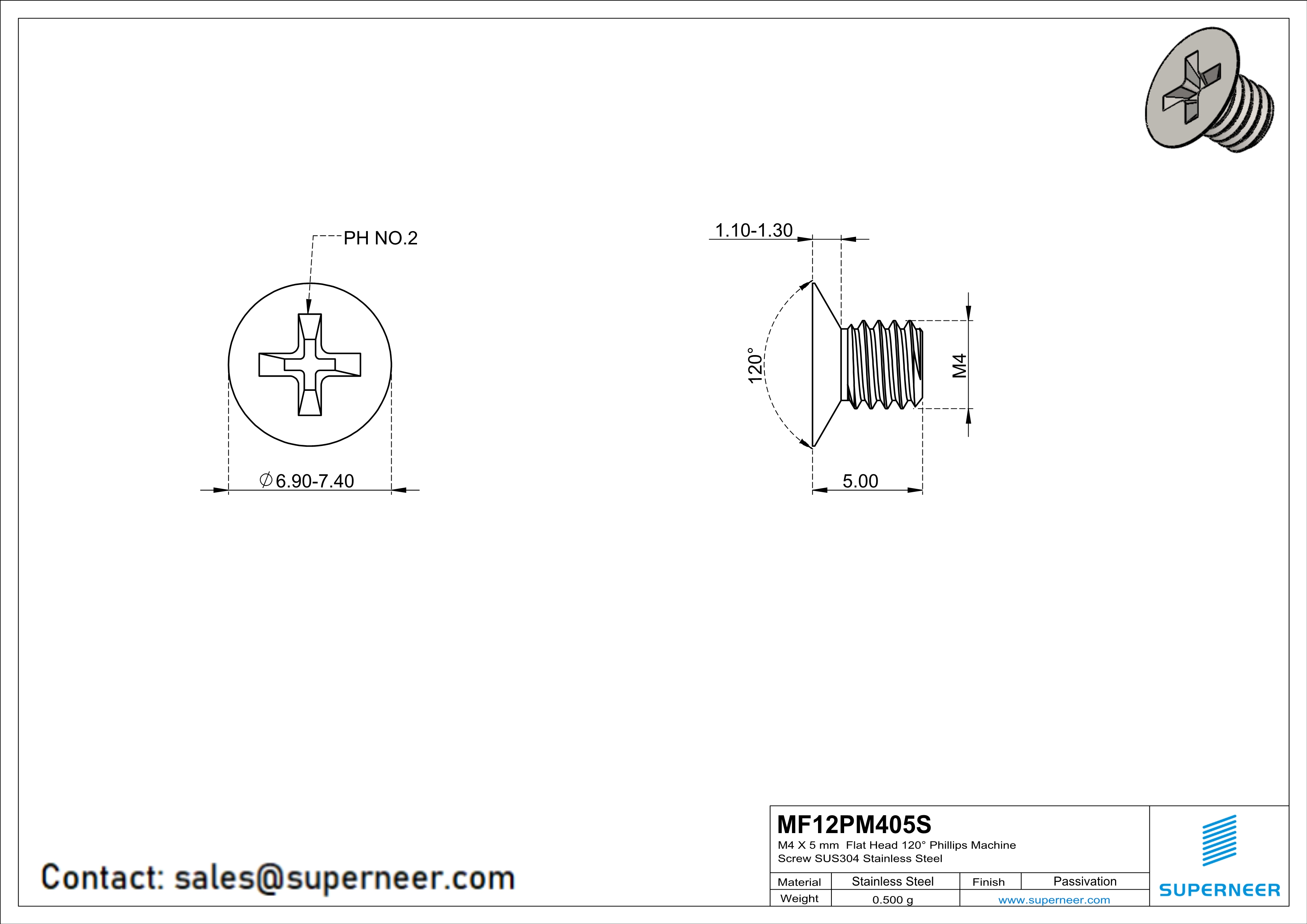 M4 x 5 mm  Flat Head 120° Phillips Machine Screw SUS304 Stainless Steel Inox