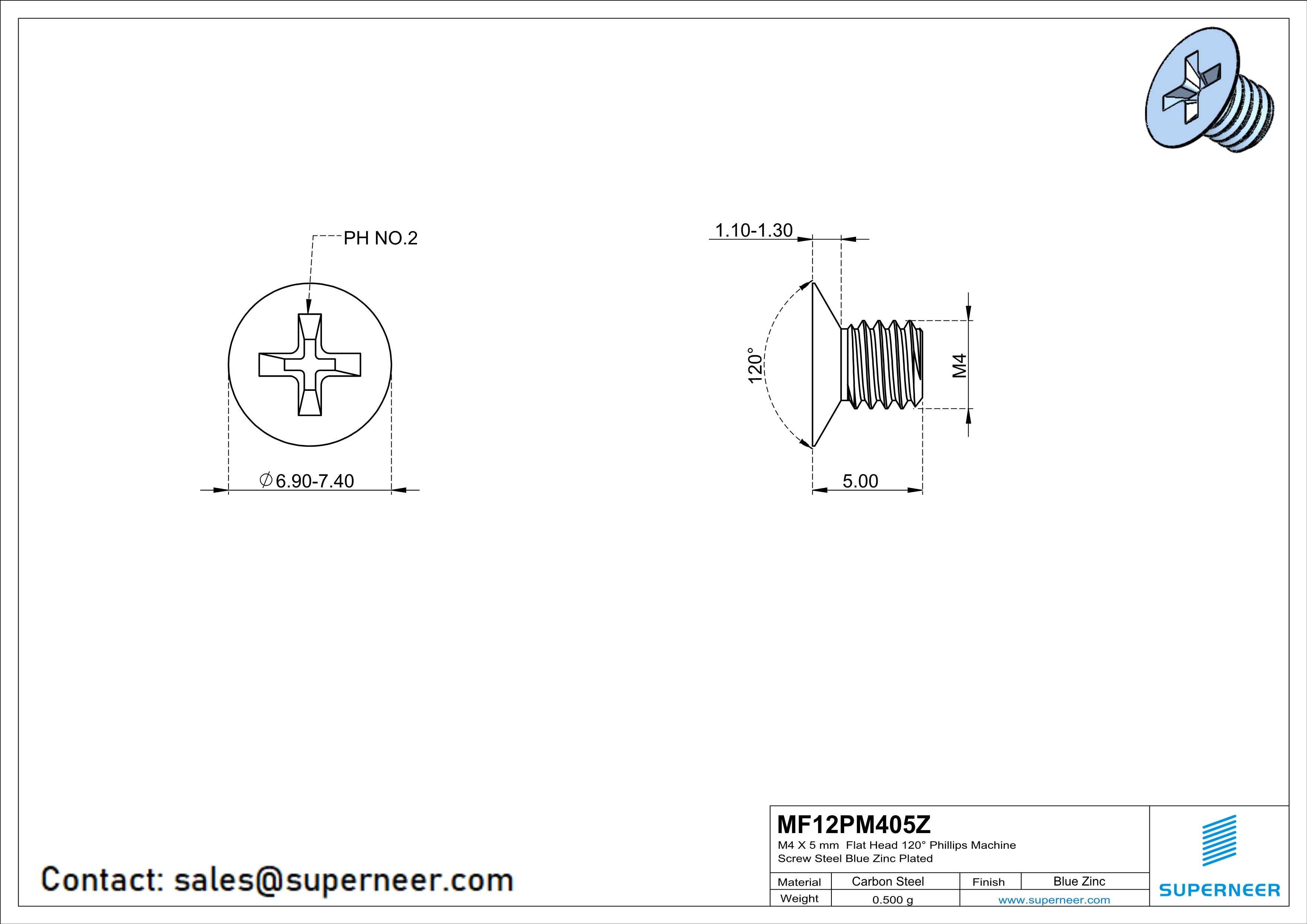 M4 x 5 mm Flat Head 120° Phillips Machine Screw Steel Blue Zinc Plated