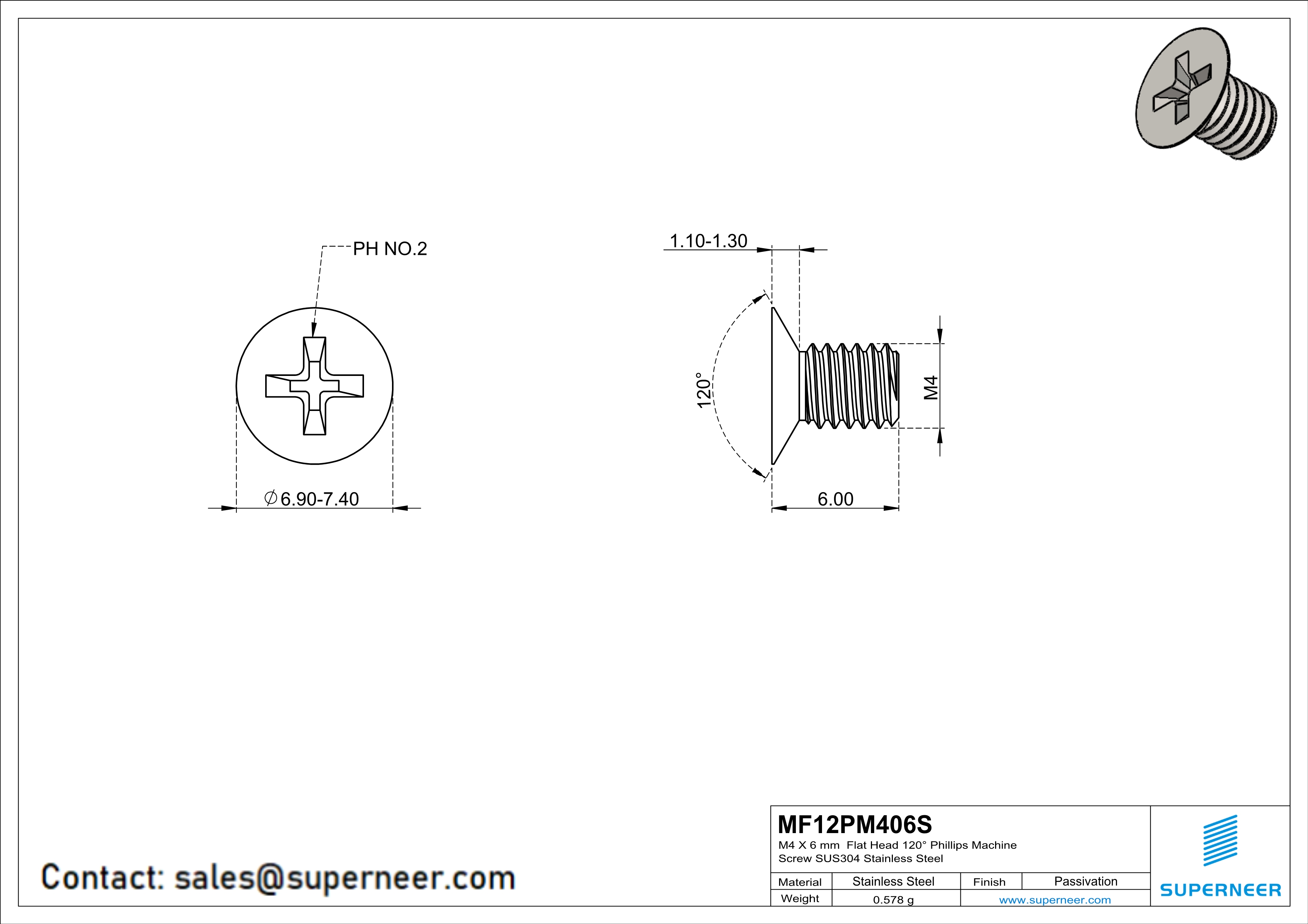 M4 x 6 mm  Flat Head 120° Phillips Machine Screw SUS304 Stainless Steel Inox