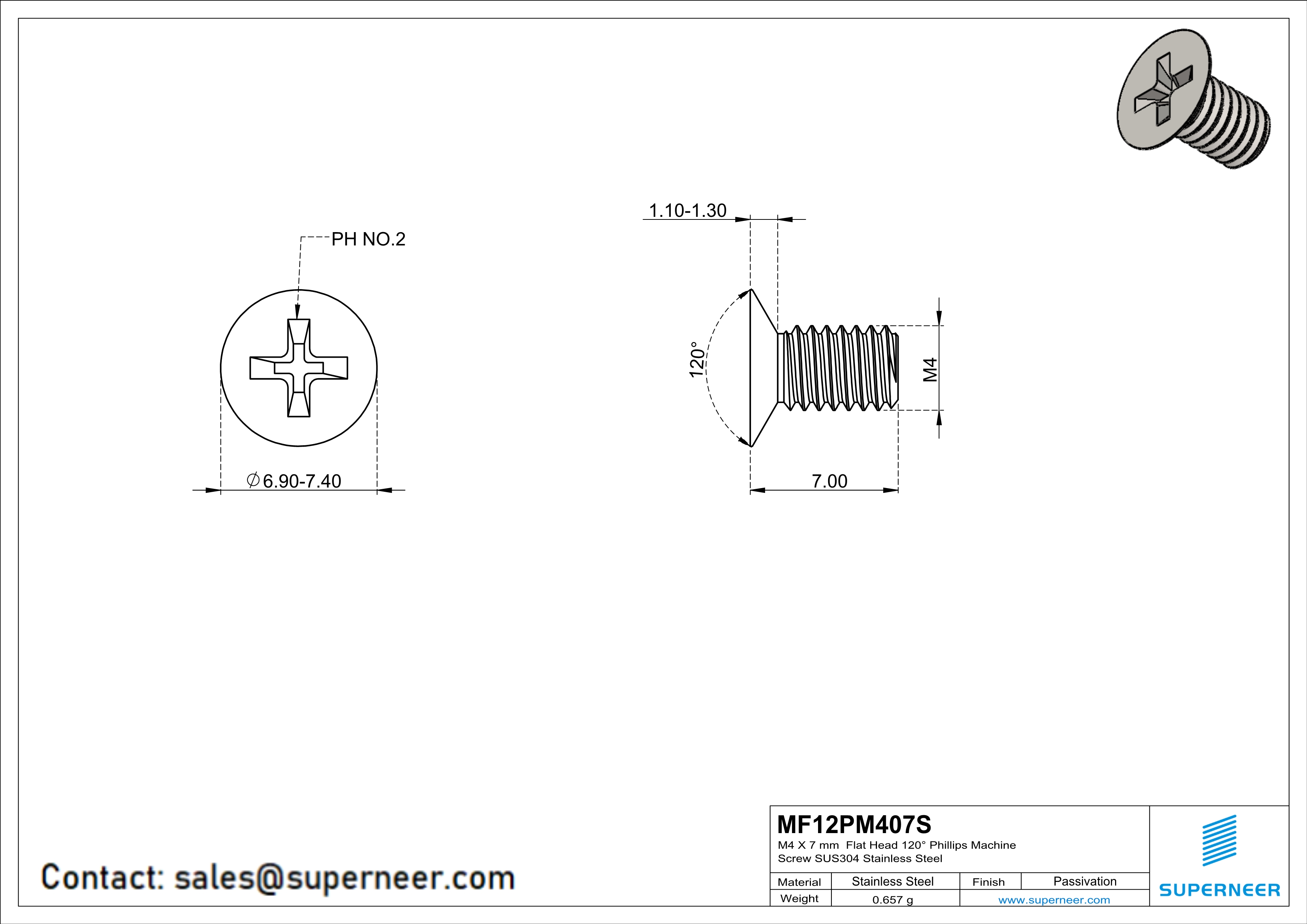 M4 x 7 mm  Flat Head 120° Phillips Machine Screw SUS304 Stainless Steel Inox