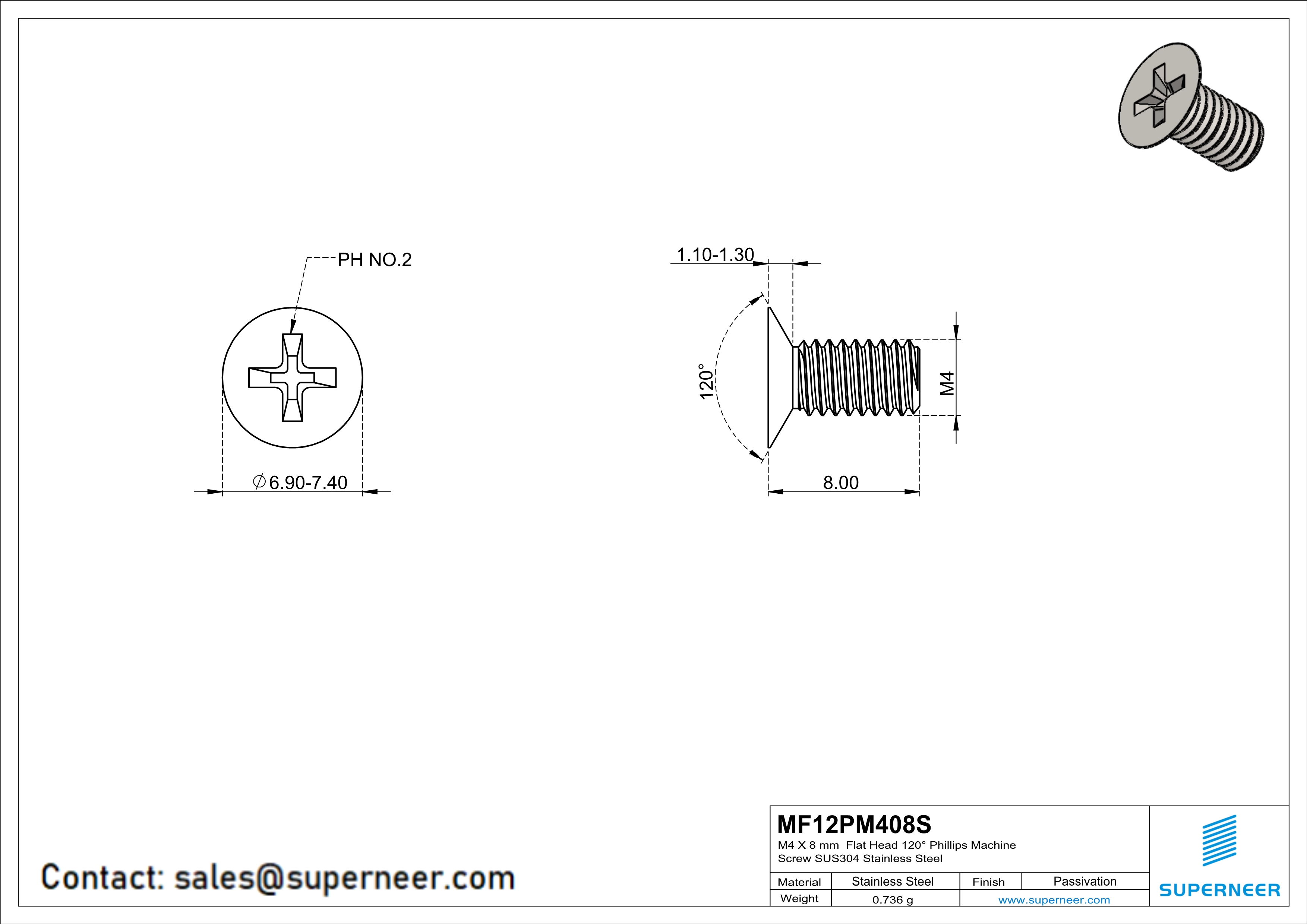 M4 x 8 mm  Flat Head 120° Phillips Machine Screw SUS304 Stainless Steel Inox