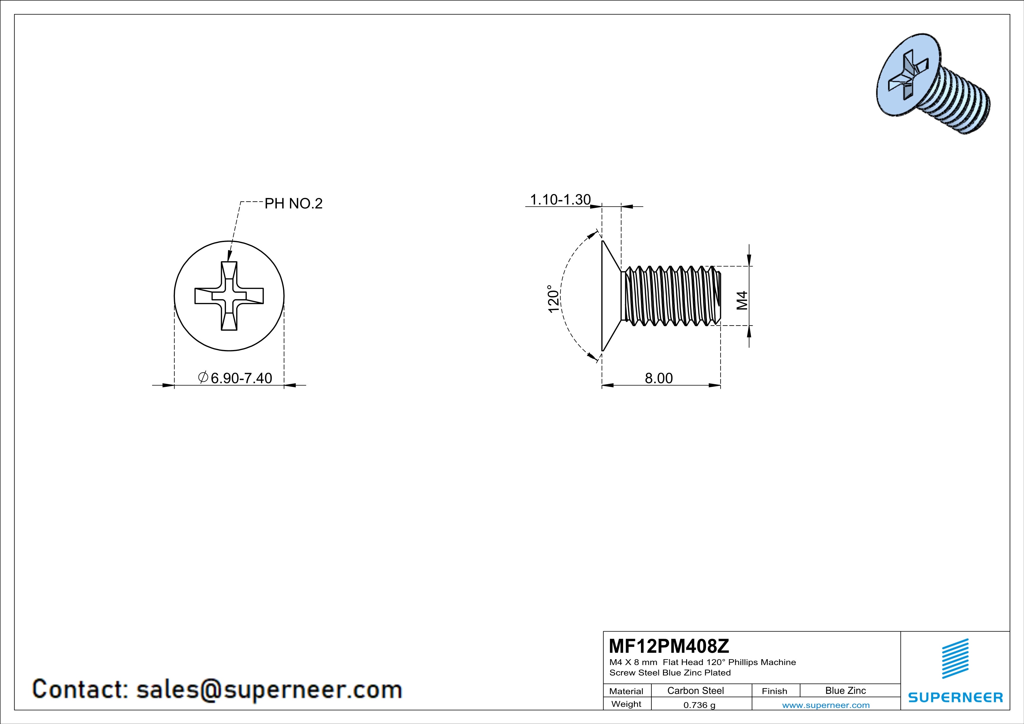 M4 x 8 mm Flat Head 120° Phillips Machine Screw Steel Blue Zinc Plated