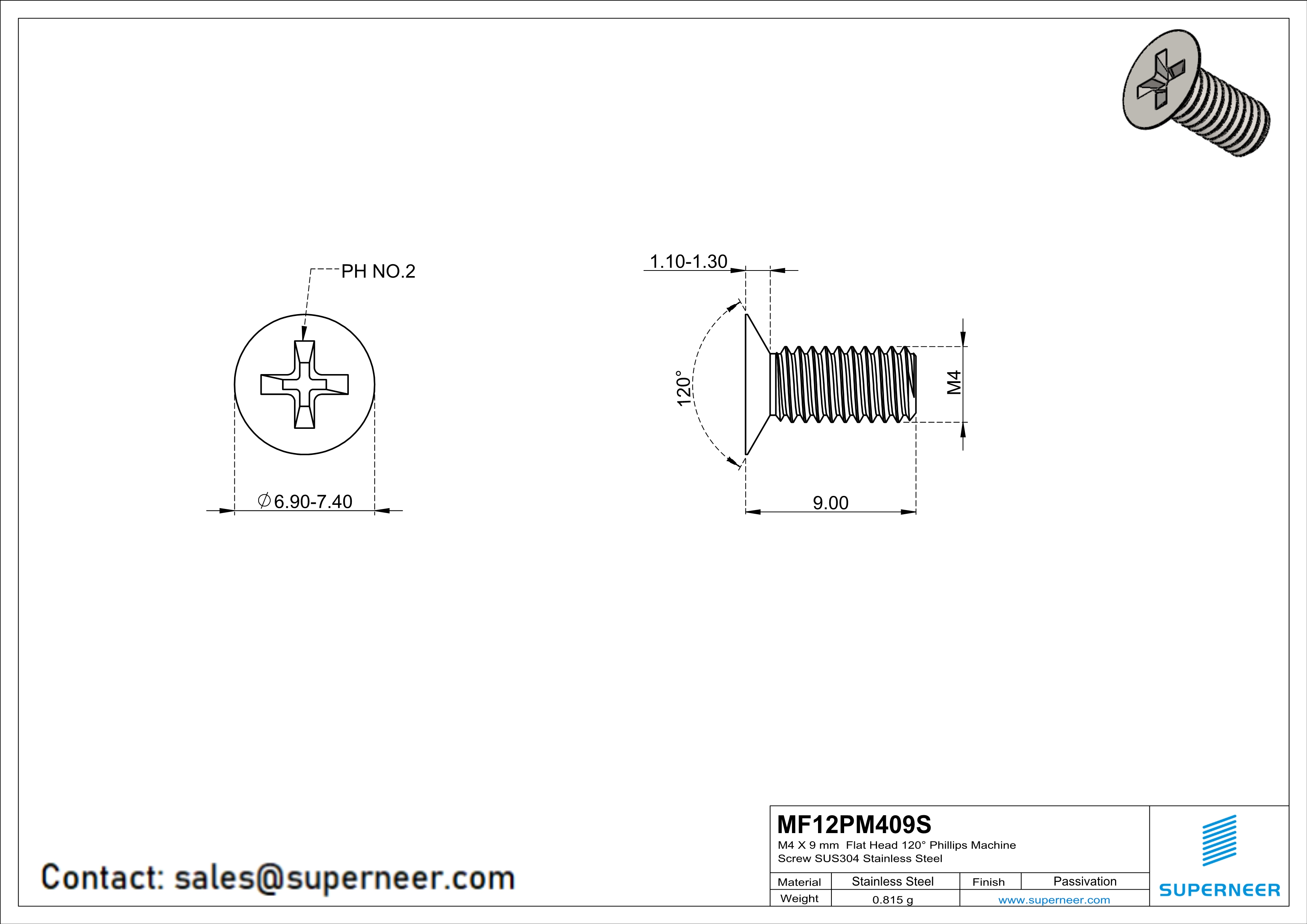 M4 x 9 mm  Flat Head 120° Phillips Machine Screw SUS304 Stainless Steel Inox