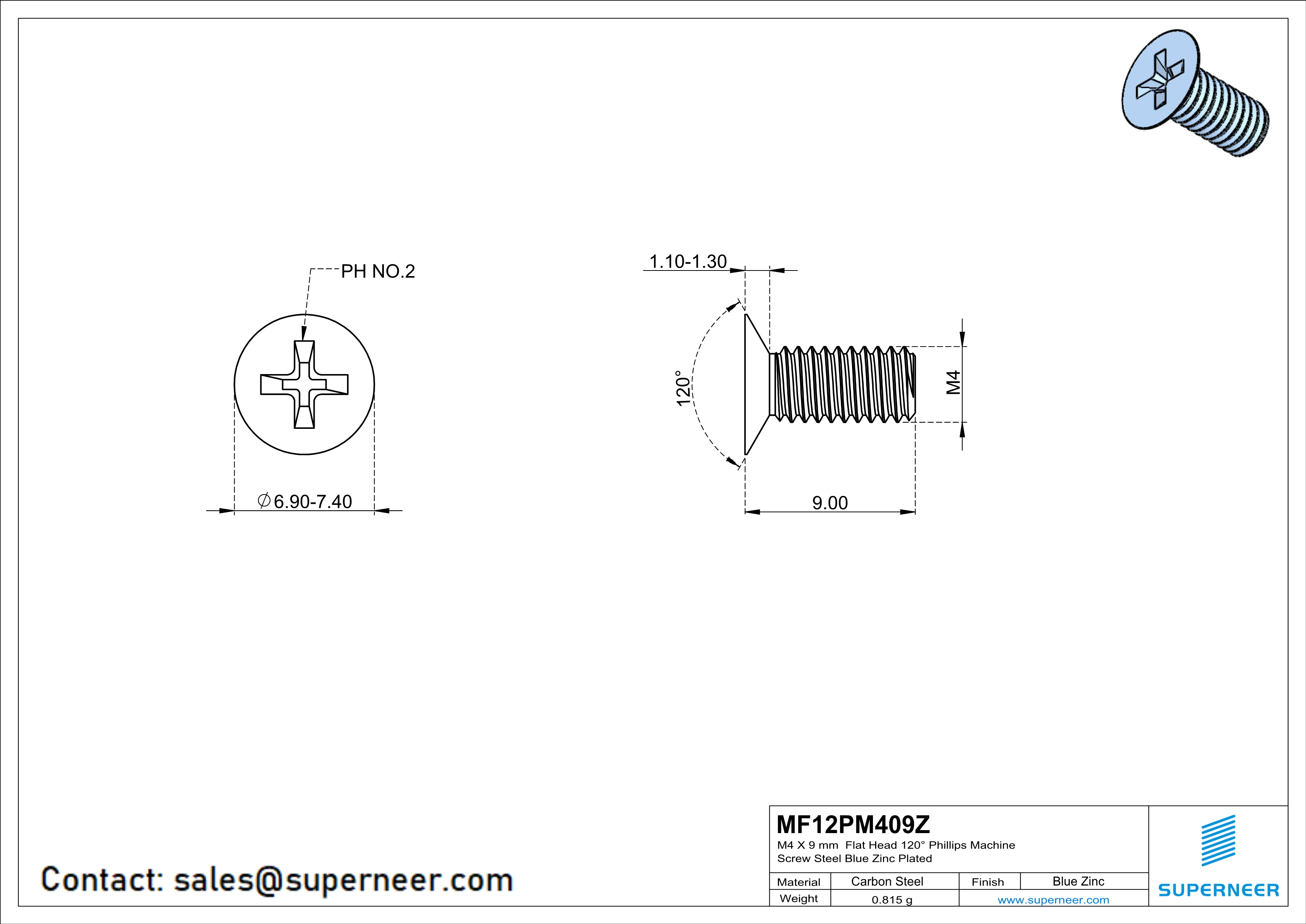 M4 x 9 mm Flat Head 120° Phillips Machine Screw Steel Blue Zinc Plated