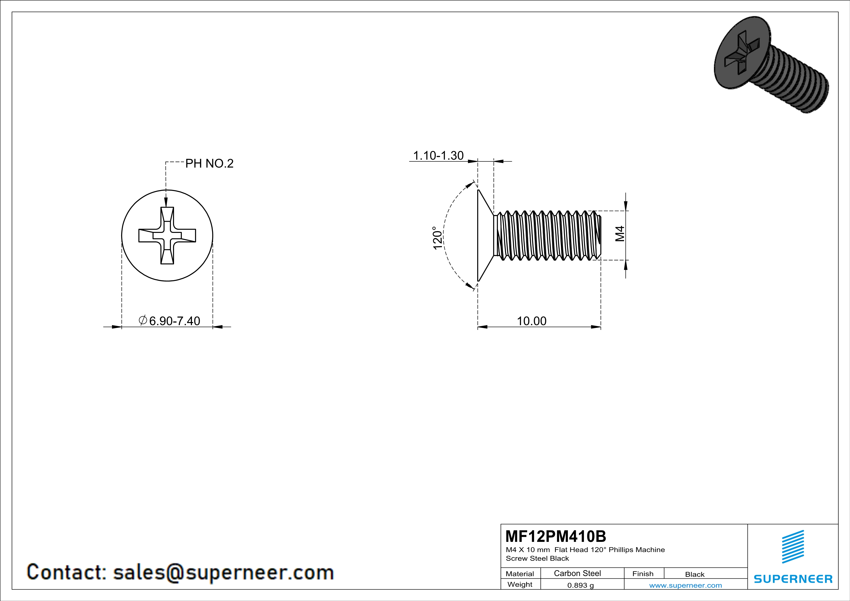 M4 x 10 mm Flat Head 120° Phillips Machine Screw Steel Black