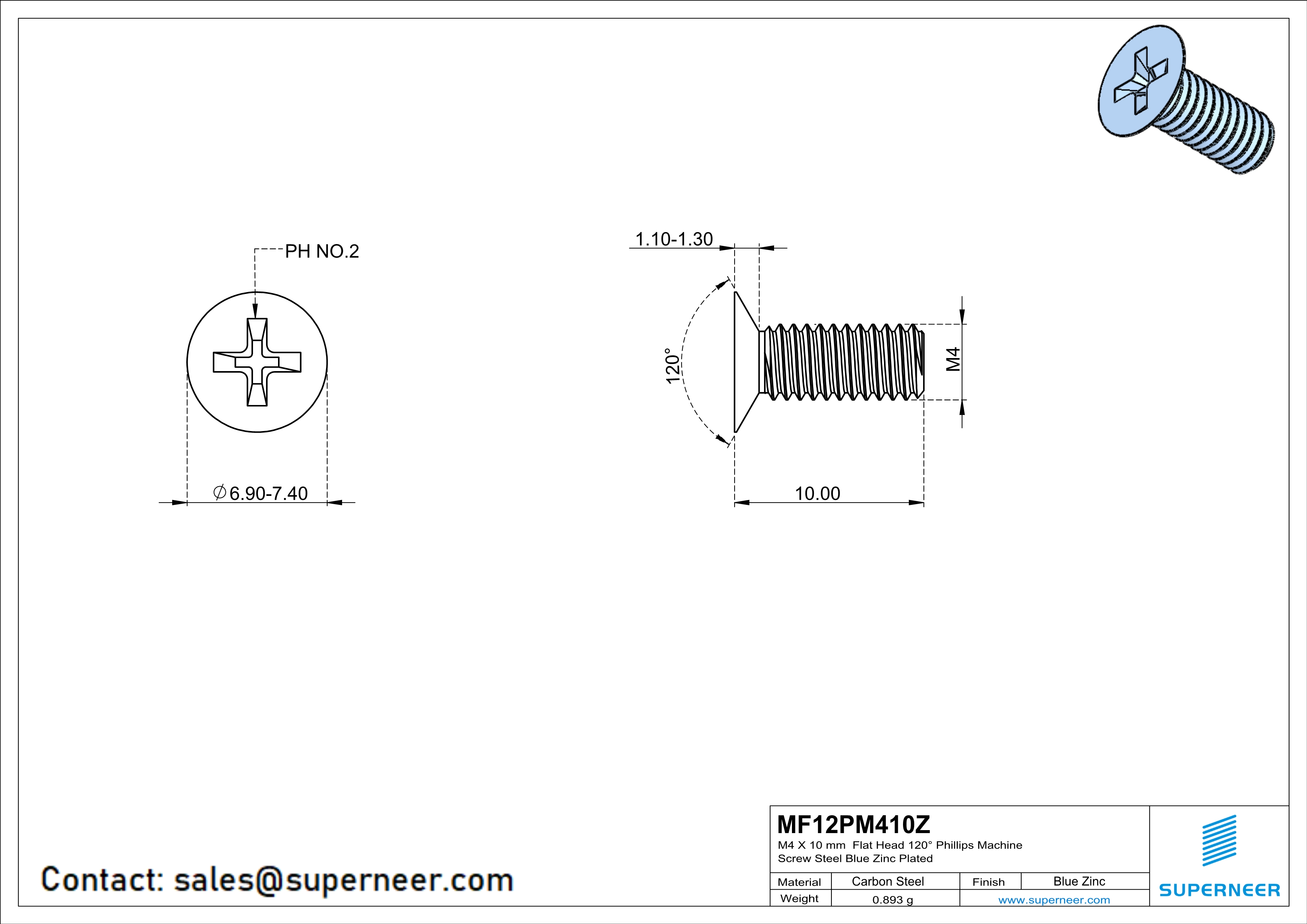 M4 x 10 mm Flat Head 120° Phillips Machine Screw Steel Blue Zinc Plated