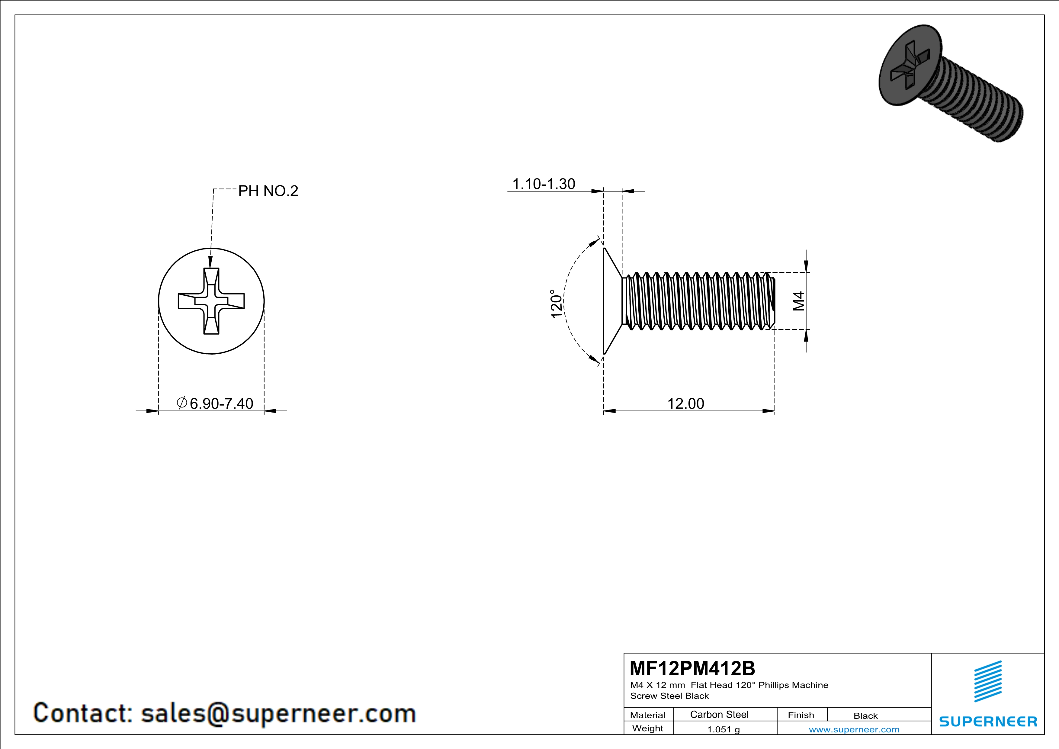 M4 x 12 mm Flat Head 120° Phillips Machine Screw Steel Black