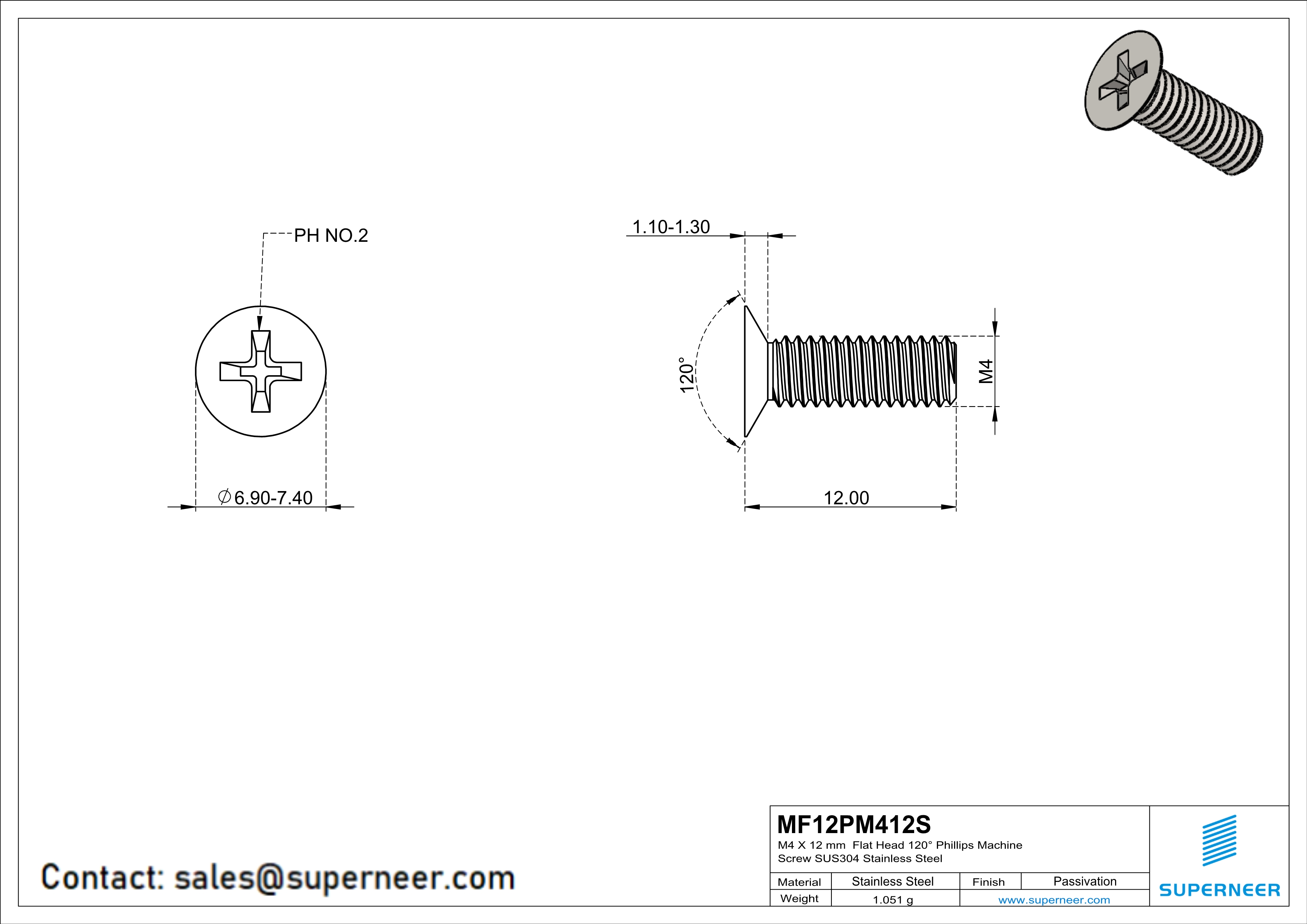 M4 x 12 mm  Flat Head 120° Phillips Machine Screw SUS304 Stainless Steel Inox