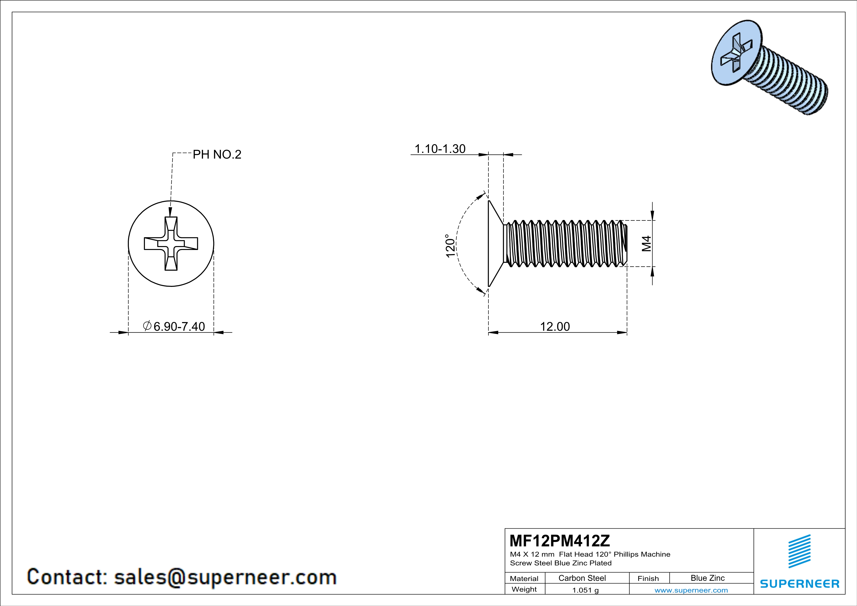 M4 x 12 mm Flat Head 120° Phillips Machine Screw Steel Blue Zinc Plated