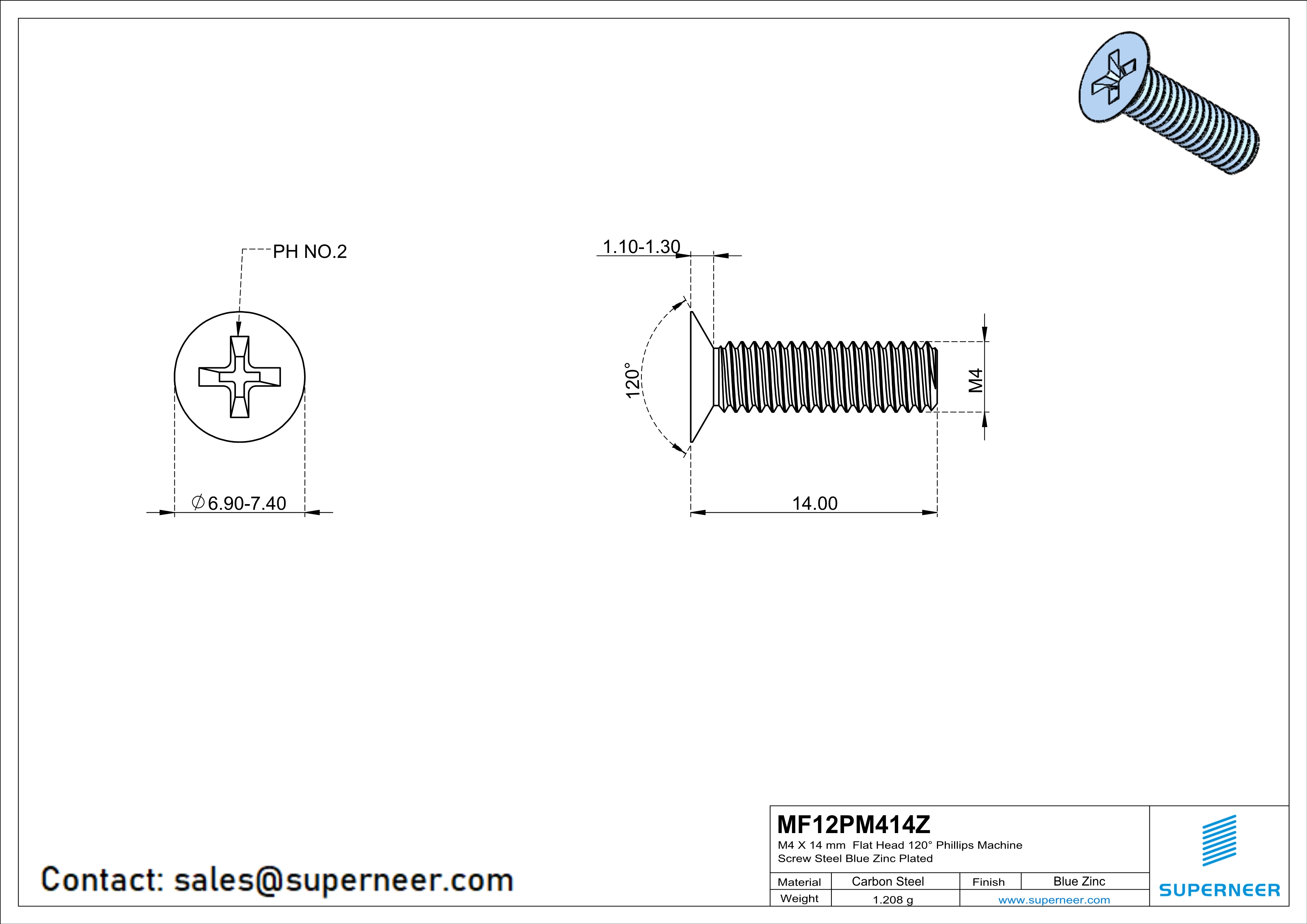 M4 x 14 mm Flat Head 120° Phillips Machine Screw Steel Blue Zinc Plated