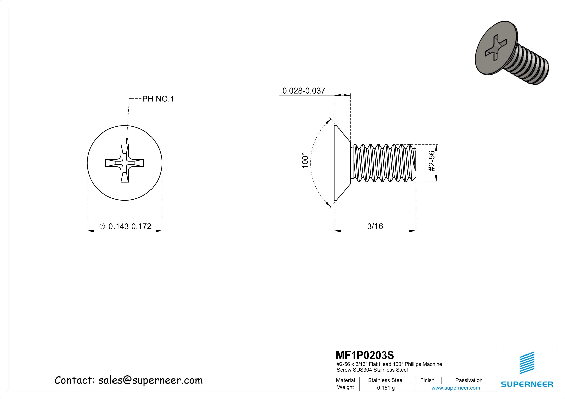 2-56 x 3/16" Flat Head 100° Phillips Machine Screw SUS304 Stainless Steel Inox