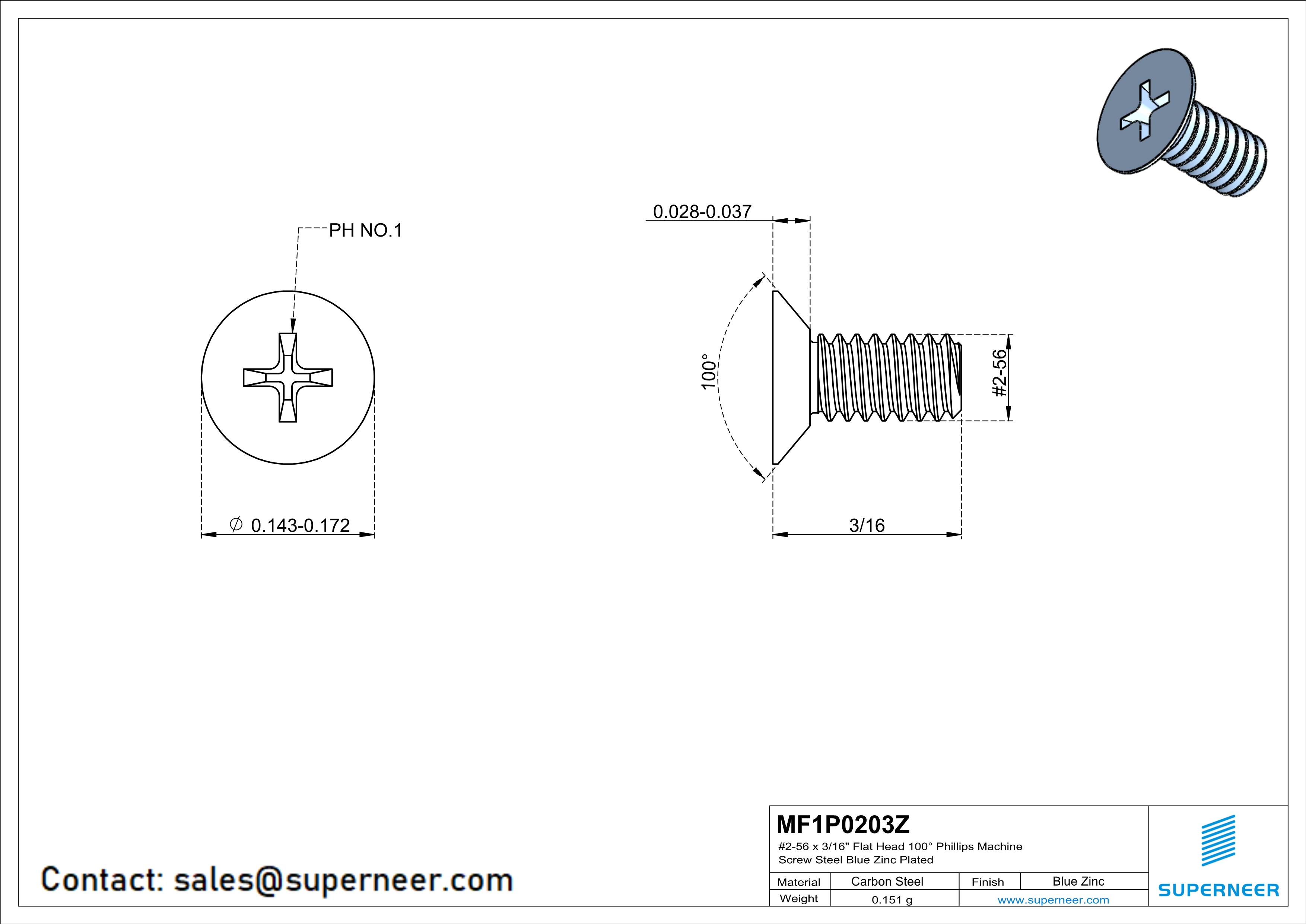 2-56 x 3/16" Flat Head 100° Phillips Machine Screw Steel Blue Zinc Plated