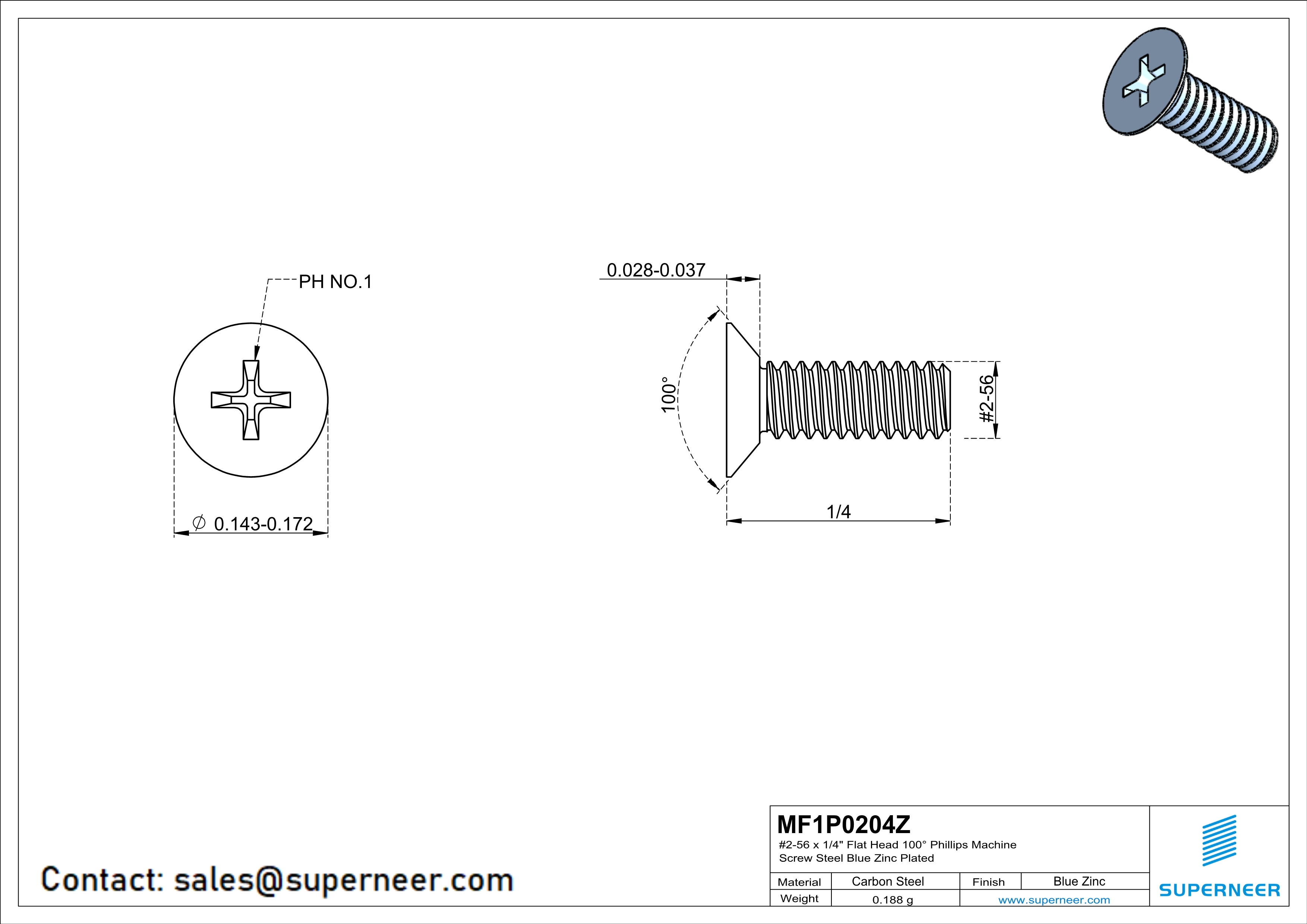 2-56 x 1/4" Flat Head 100° Phillips Machine Screw Steel Blue Zinc Plated