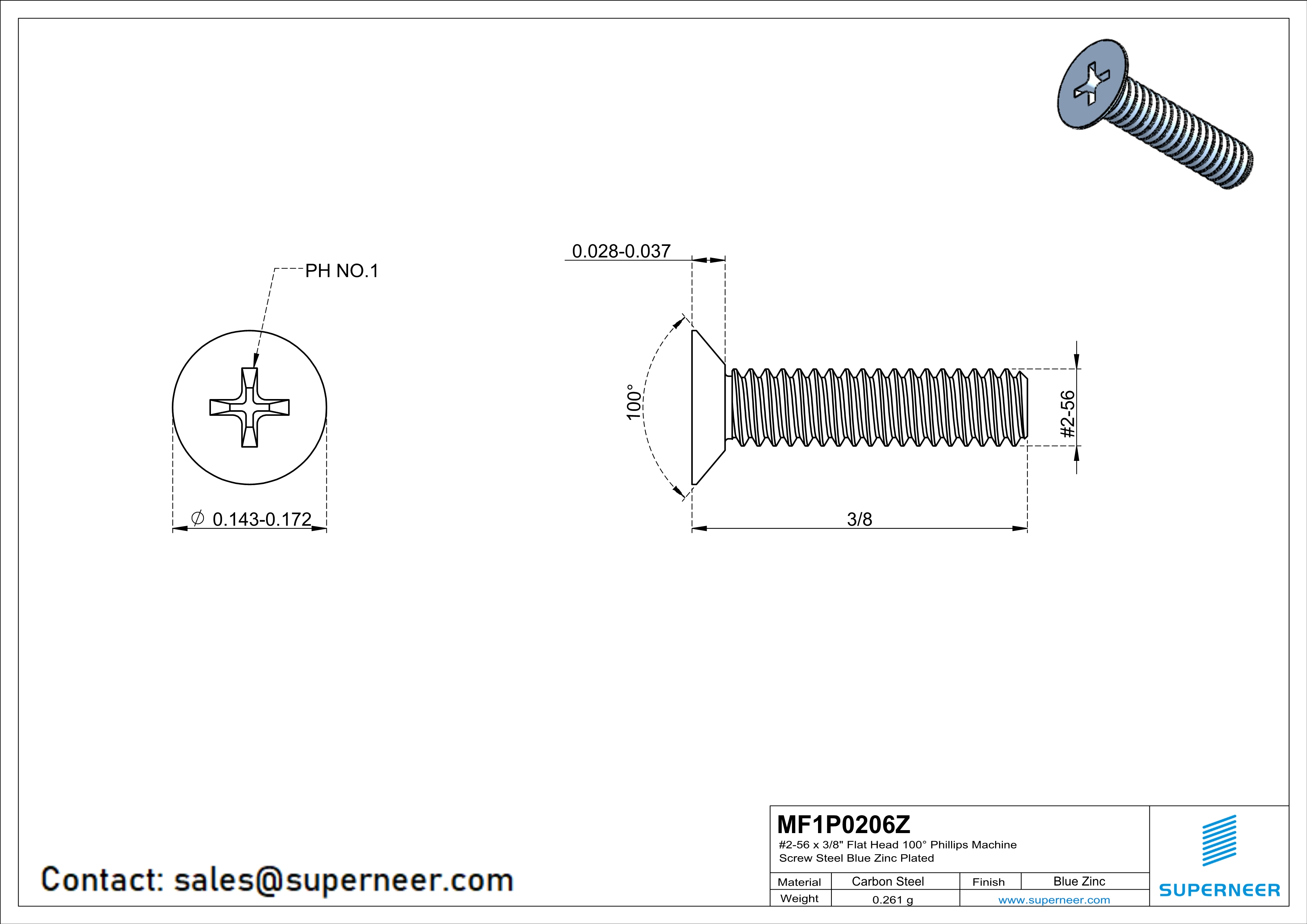 2-56 x 3/8" Flat Head 100° Phillips Machine Screw Steel Blue Zinc Plated