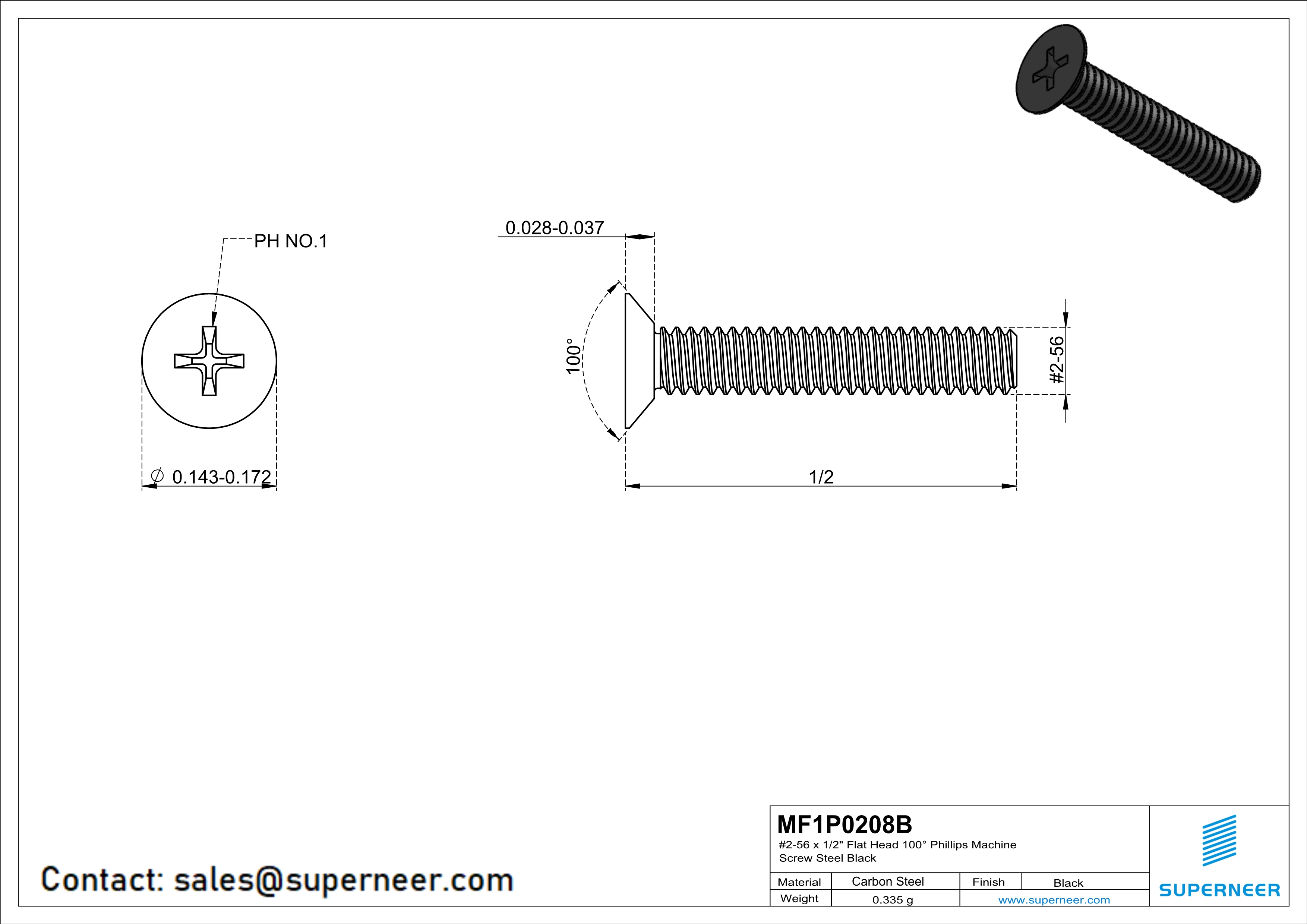 2-56 x 1/2" Flat Head 100° Phillips Machine Screw Steel Black