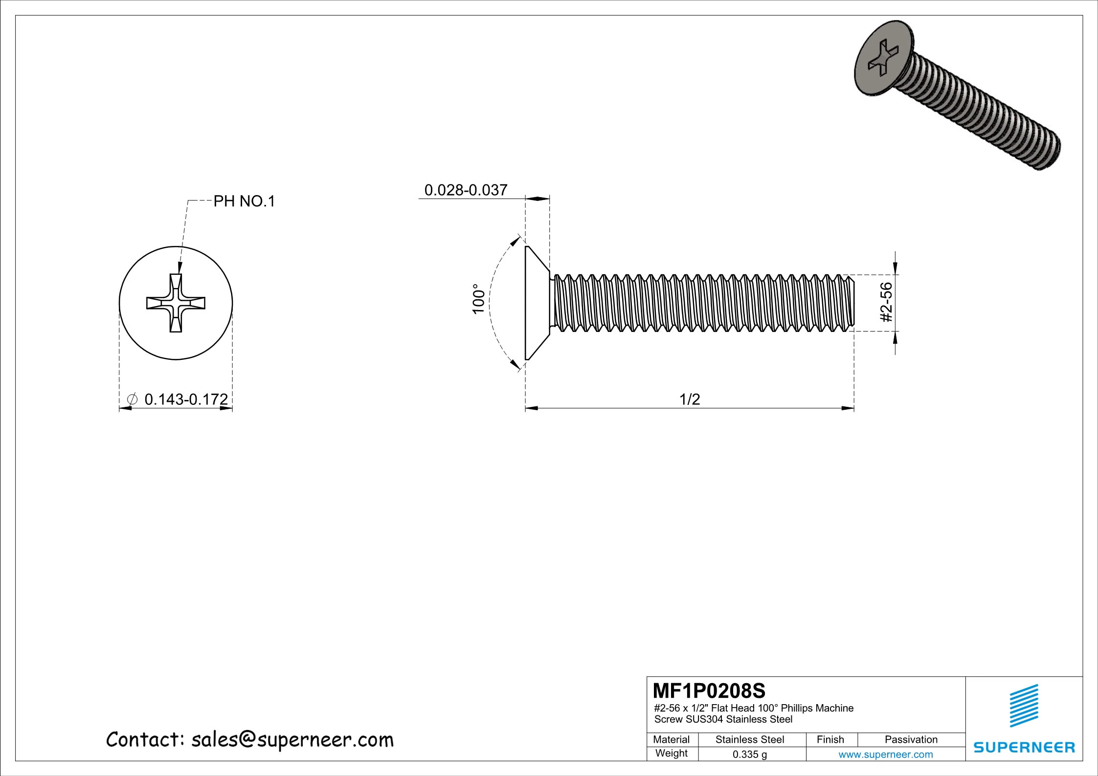 2-56 x 1/2"  Flat Head 100° Phillips Machine Screw SUS304 Stainless Steel Inox