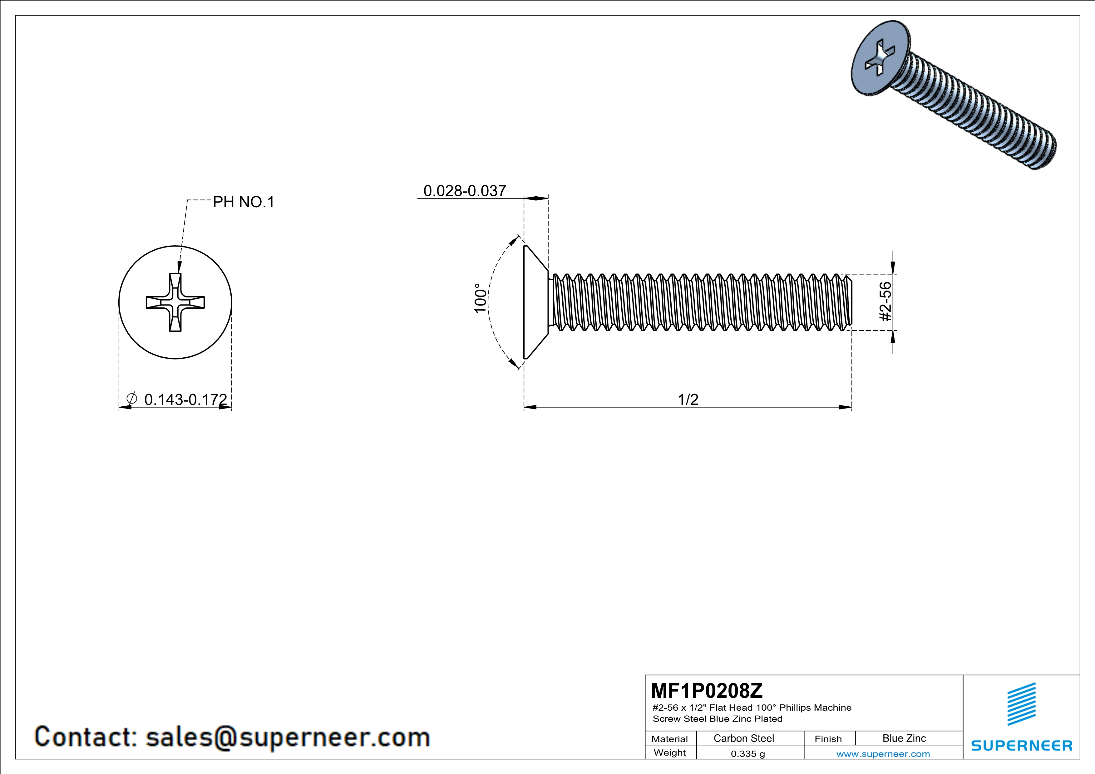 2-56 x 1/2" Flat Head 100° Phillips Machine Screw Steel Blue Zinc Plated