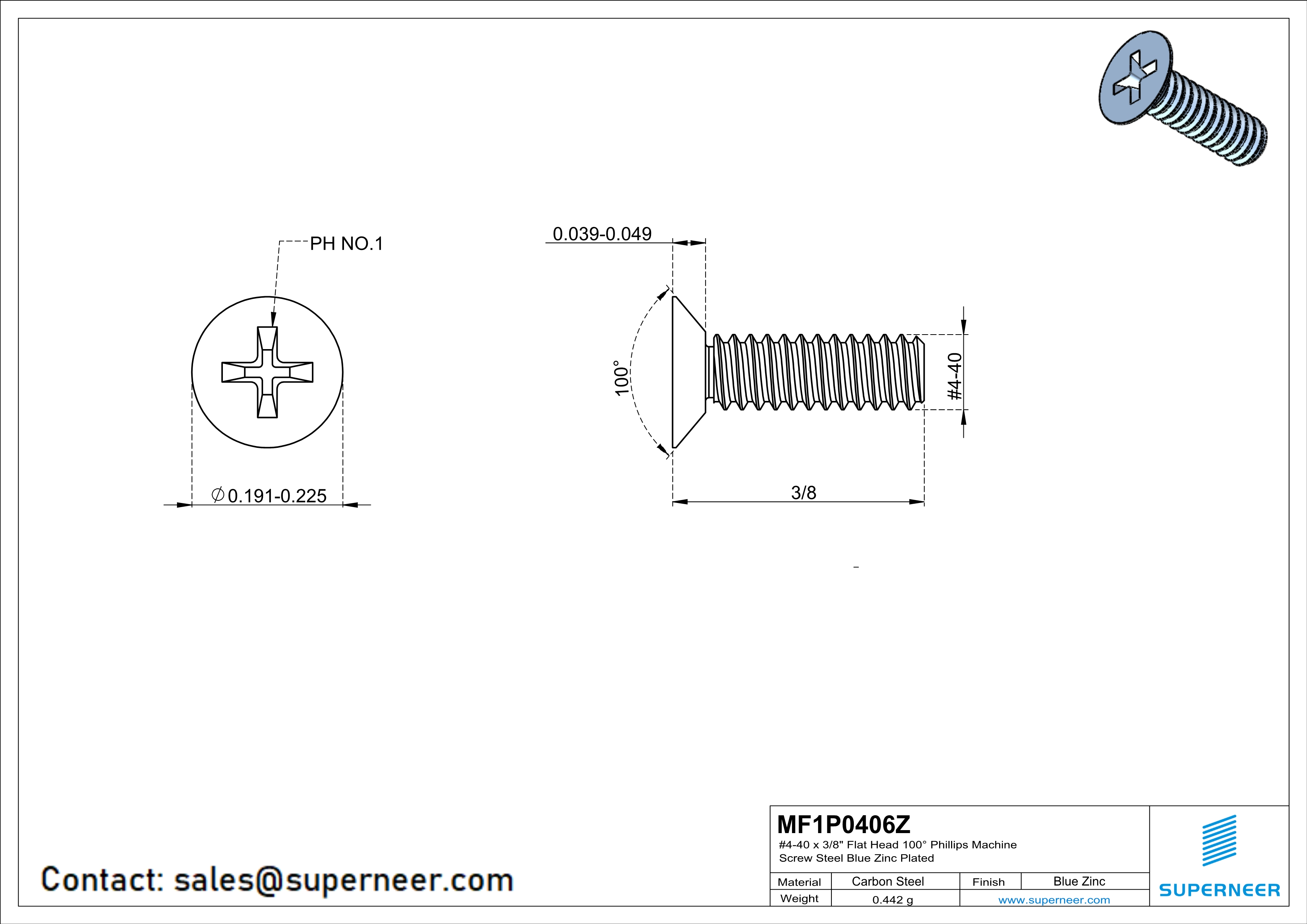 4-40 x 3/8" Flat Head 100° Phillips Machine Screw Steel Blue Zinc Plated