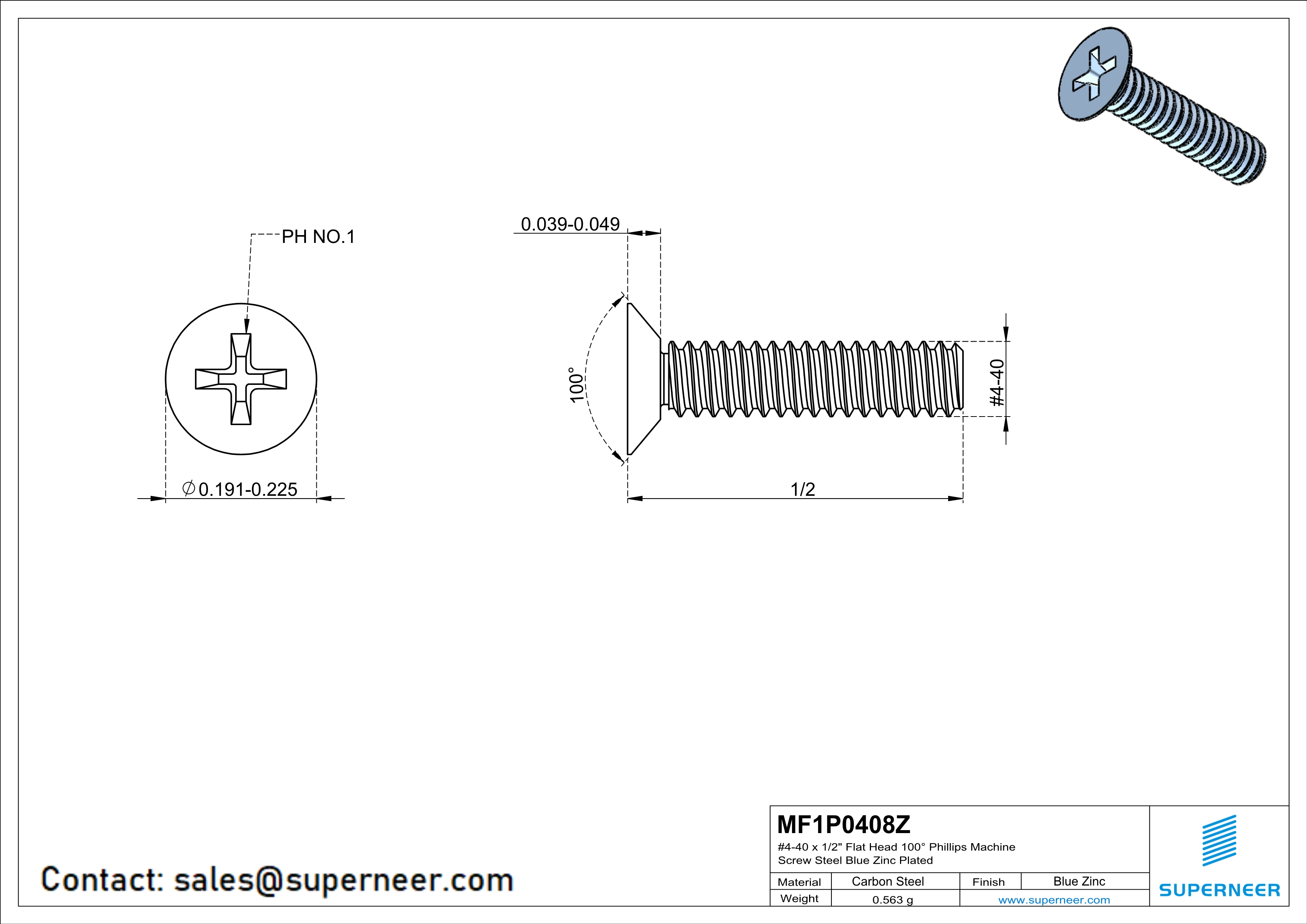 4-40 x 1/2" Flat Head 100° Phillips Machine Screw Steel Blue Zinc Plated