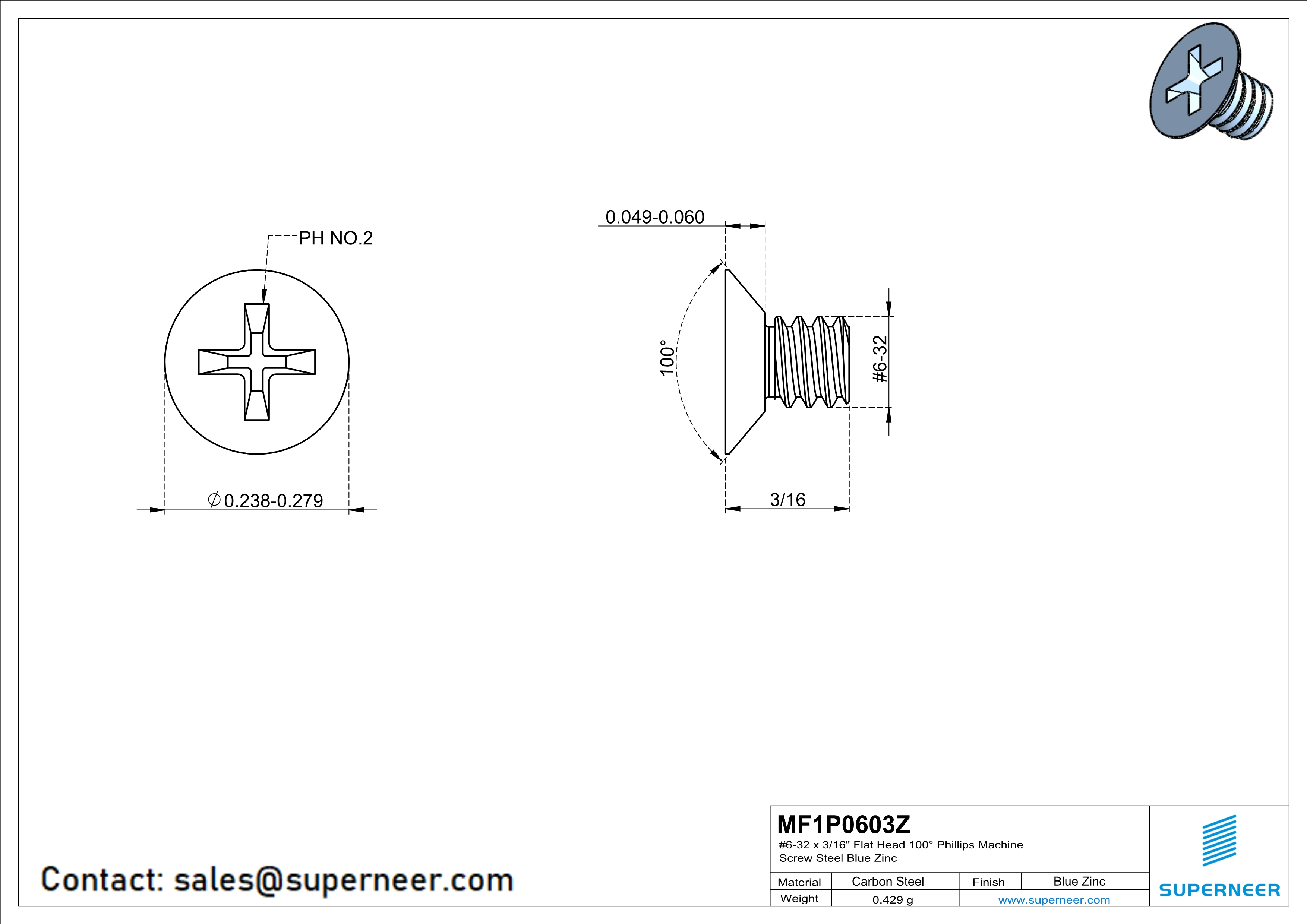 6-32 x 3/16" Flat Head 100° Phillips Machine Screw Steel Blue Zinc Plated